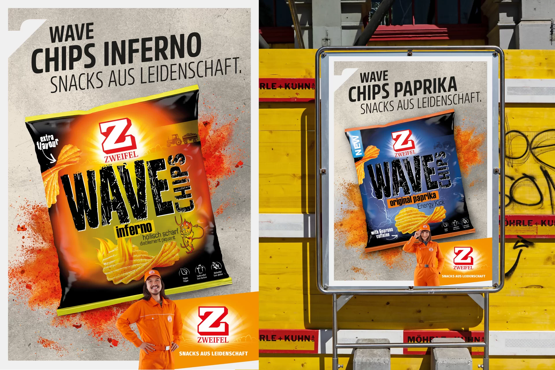 [Translate to English:] Zweifel Chips Plakat Snack Bunt Designsystem Farben Orange Typografie Fotografie Verpackung  