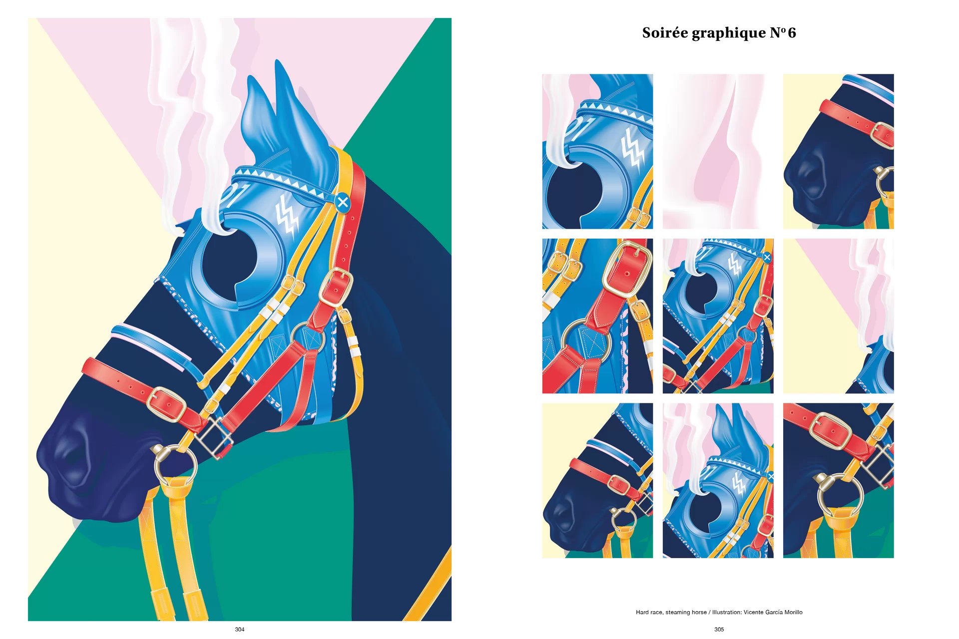 Thom Pfister Buch Inhalt Print Pferdekopf Swiss Grafikdesign Begegnungen Art Direction Creative Direction Rosa Grün Vanille Gelb Rot Text Typografie Bildkomposition