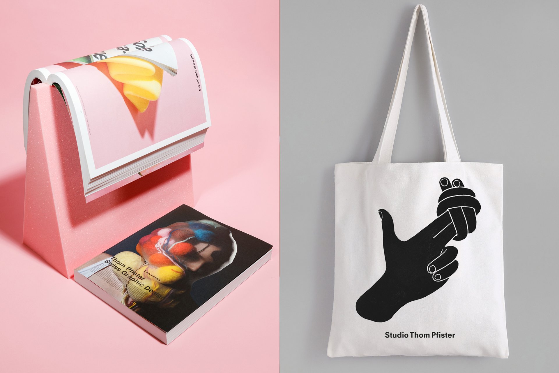 Thom Pfister Buch Titelblatt Cover Print Gesicht Strumpf Wolle Hand Gelb Swiss Grafikdesign Begegnungen Art Direction Creative Direction Fotografie Illustration Bunt Totebag Text Bildkomposition 