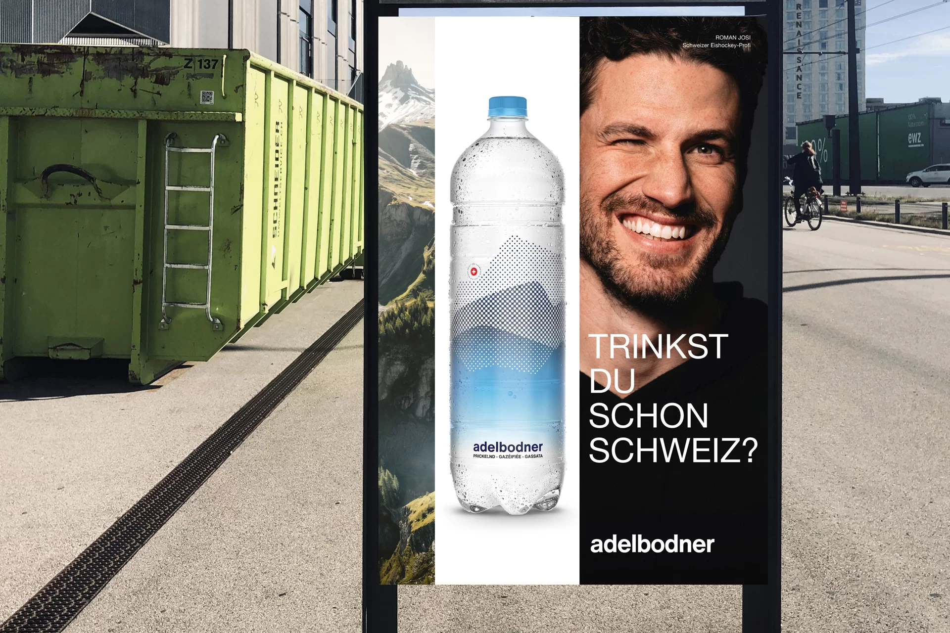 [Translate to English:] Adelbodner Adelboden Werbung Kampagne Plakate Getränke Frische erfrischend Flaschen PET Glas Swiss Grafikdesign Typografie Hochwertig Testimonials Persönlichkeiten Menschen Sport Profisport Gesichter Wasser Mineralwasser Bergen Natur 