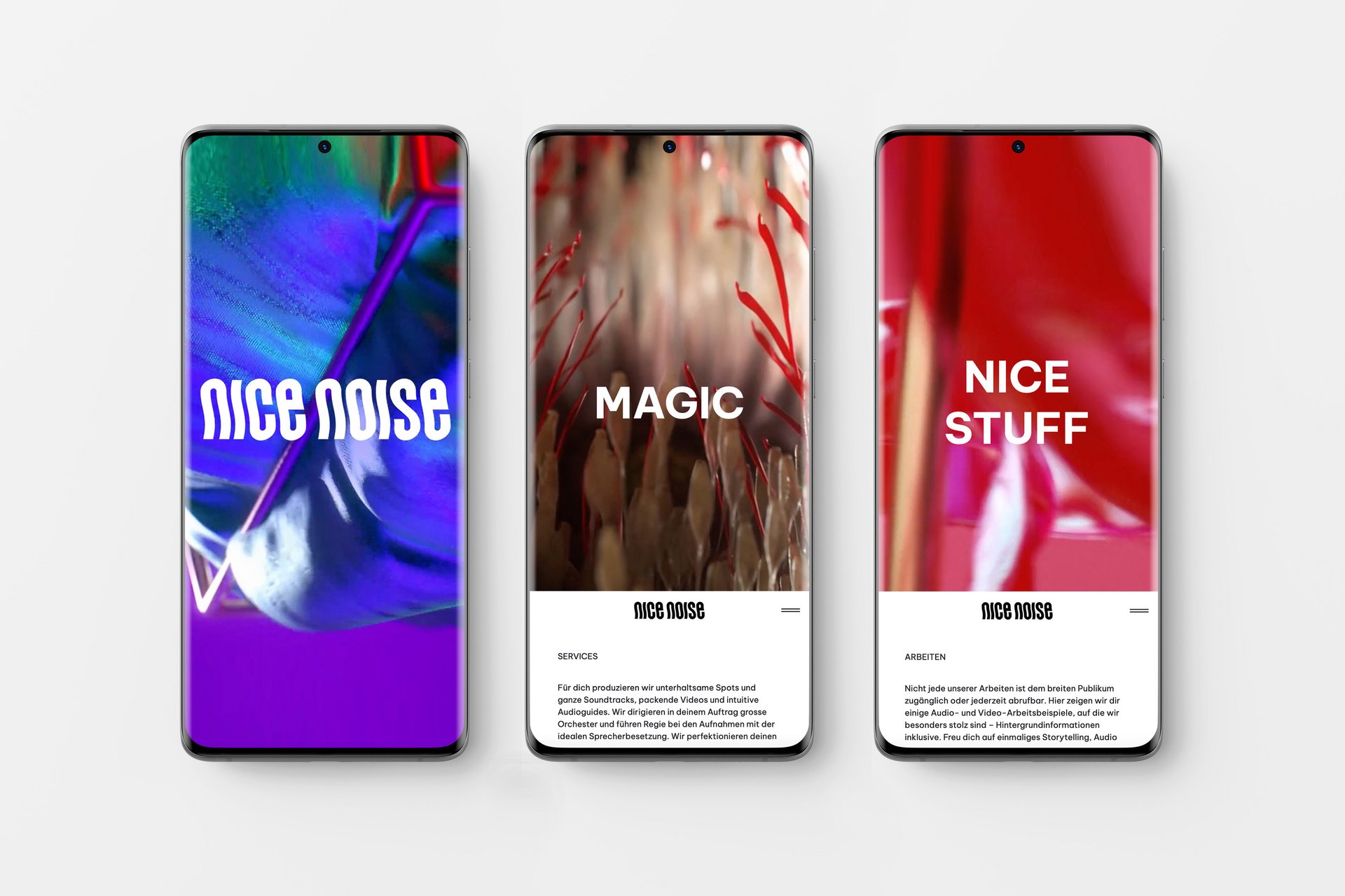 [Translate to English:] nice noise Tonstudio fliessend warm Farben bunt rot pink digital mobile Animation Logo Markenauftritt Fotografie Typografie Corporatedesign Swiss Grafikdesign Nahaufnahme