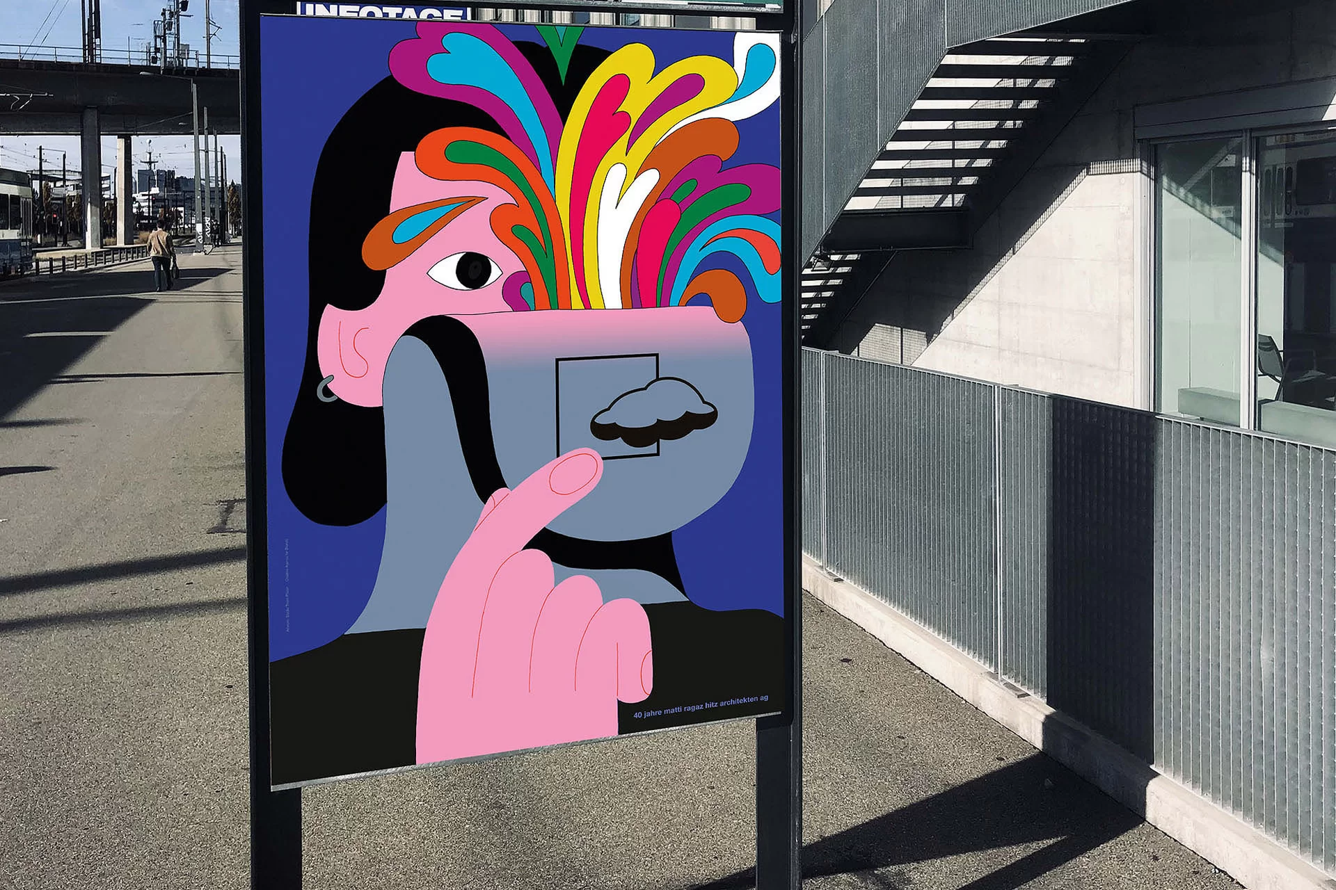 40 Jahre Architektur Plakat Karte Postversand Ansteckknopf Design Swiss Grafikdesign Art Direction Creative Direction Illustration Typographie Bunt, Rosa Orange 