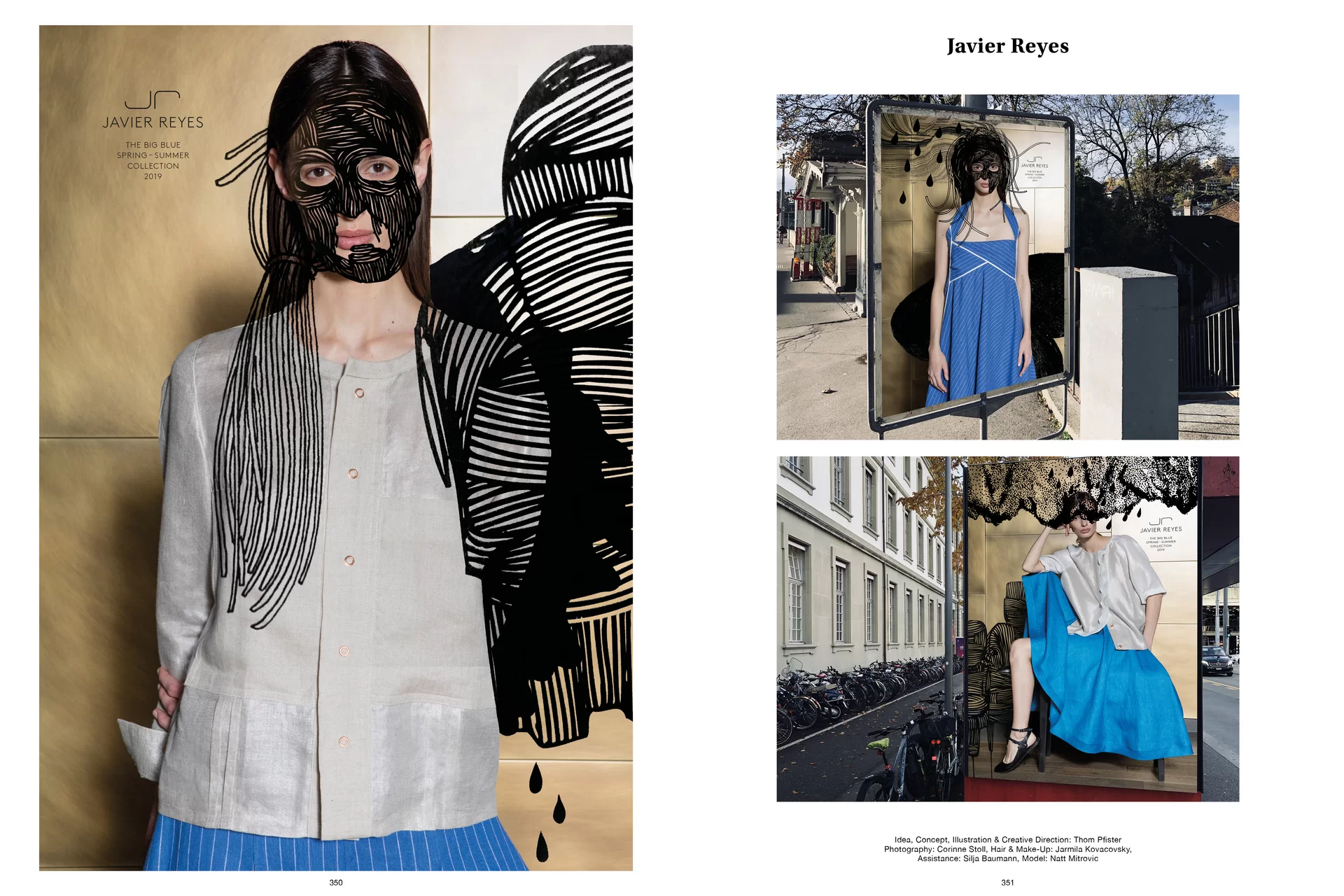 Thom Pfister Buch Inhalt Print Mensch Frau Oberkörper Gesicht Maske Swiss Grafikdesign Begegnungen Art Direction Creative Direction Fotografie Illustration Bunt Blau Grau Gold Text Bildkomposition 