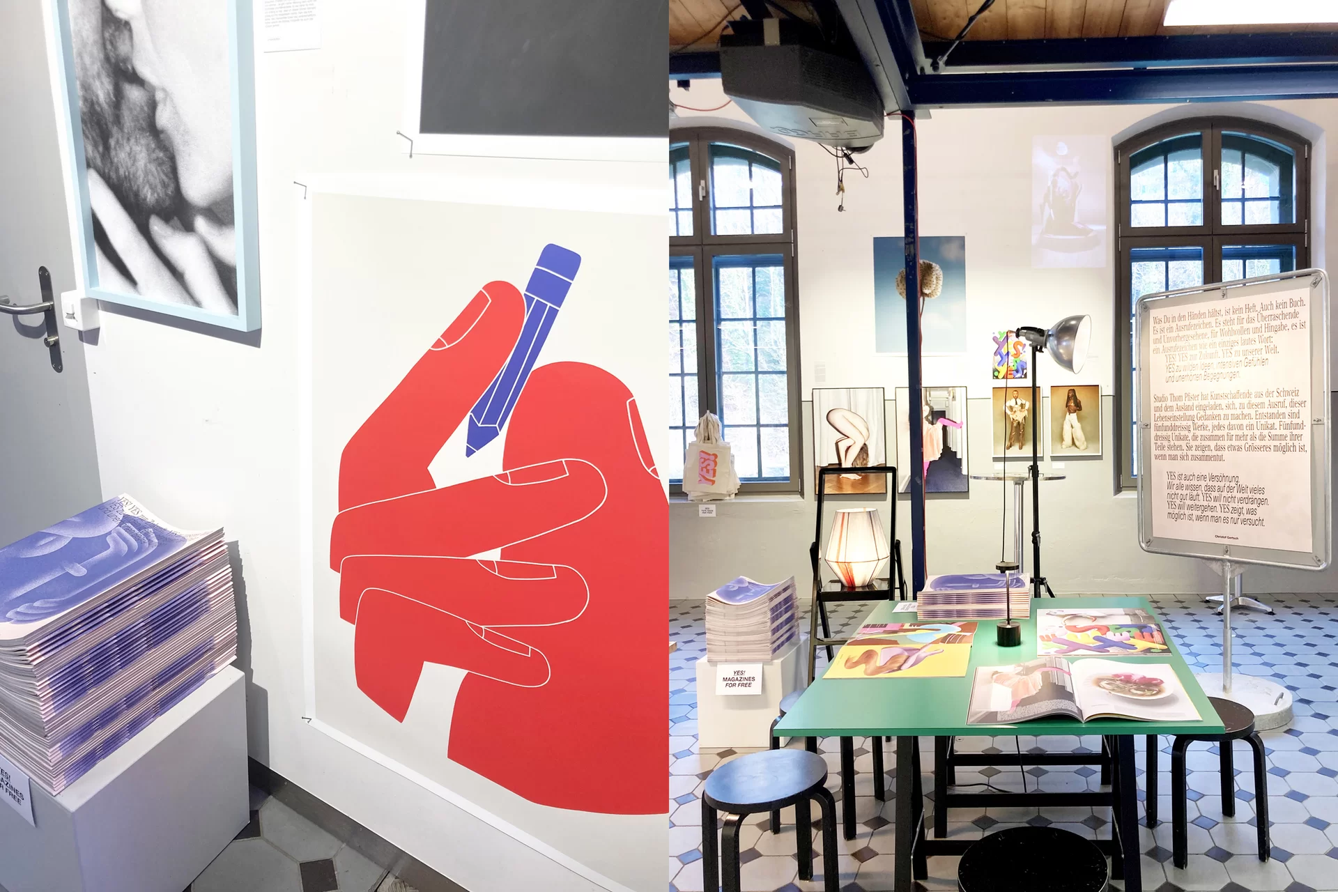 [Translate to English:] Studio Thom Pfister YES Einmalig Ausstellung Einladung Kuratiert Künstlerinnen Kunst Verkauf Swiss Grafikdesign International Art Direction Creative Direction Grossformat Magazin limitiert Cover Titelbild Inhalt Text Christof Gertsch Plakat Karte Postversand Fotografie Illustration Bunt Farbig Bildkomposition
