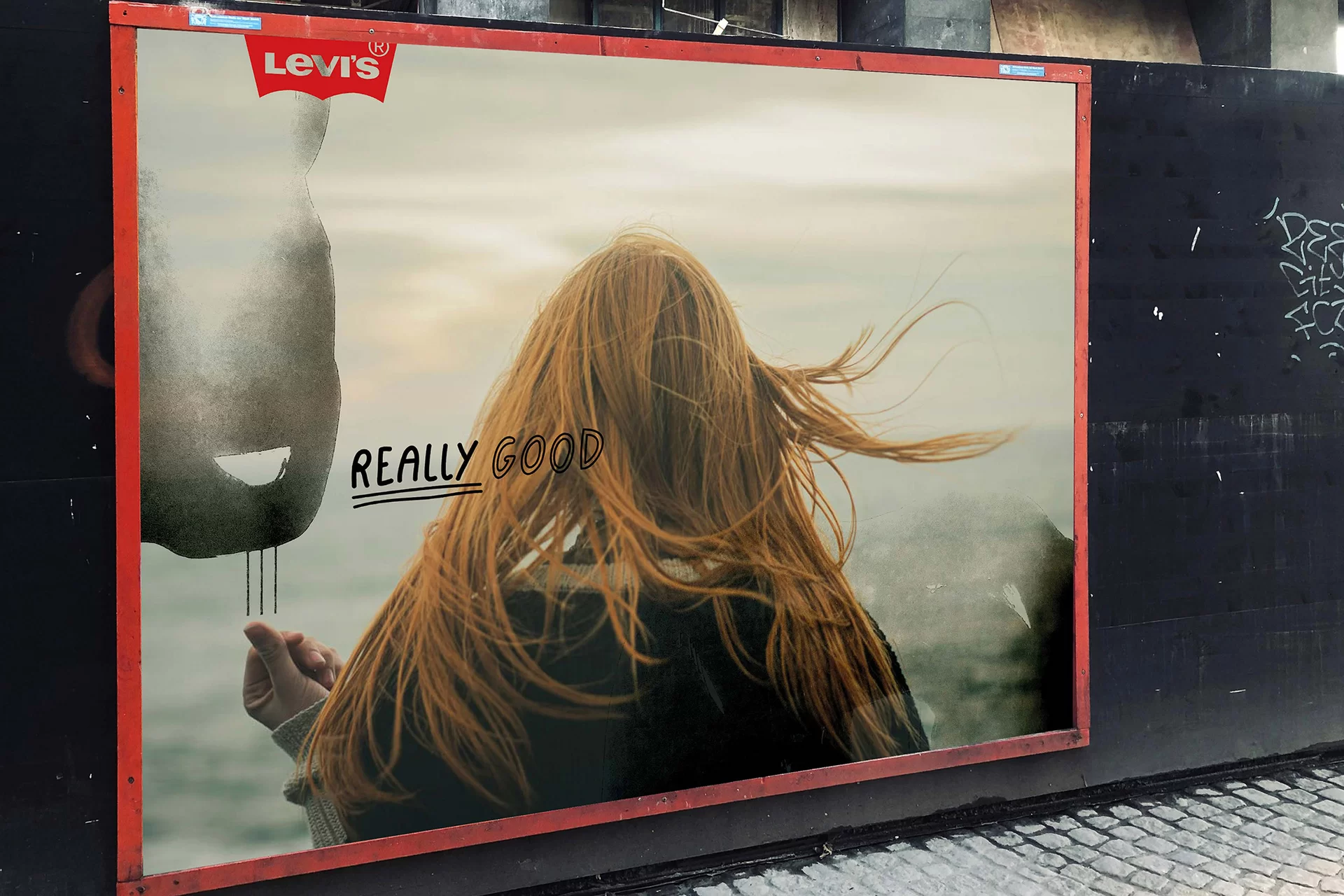 Levi‘s Store Fashion Kampagne Mode Mensch Frau Haare Wind Gesicht Fotoshooting Schwarz-Weiss Farbe Fotografie Illustration Art Direction Creative Direction Plakate Bildkompositionen