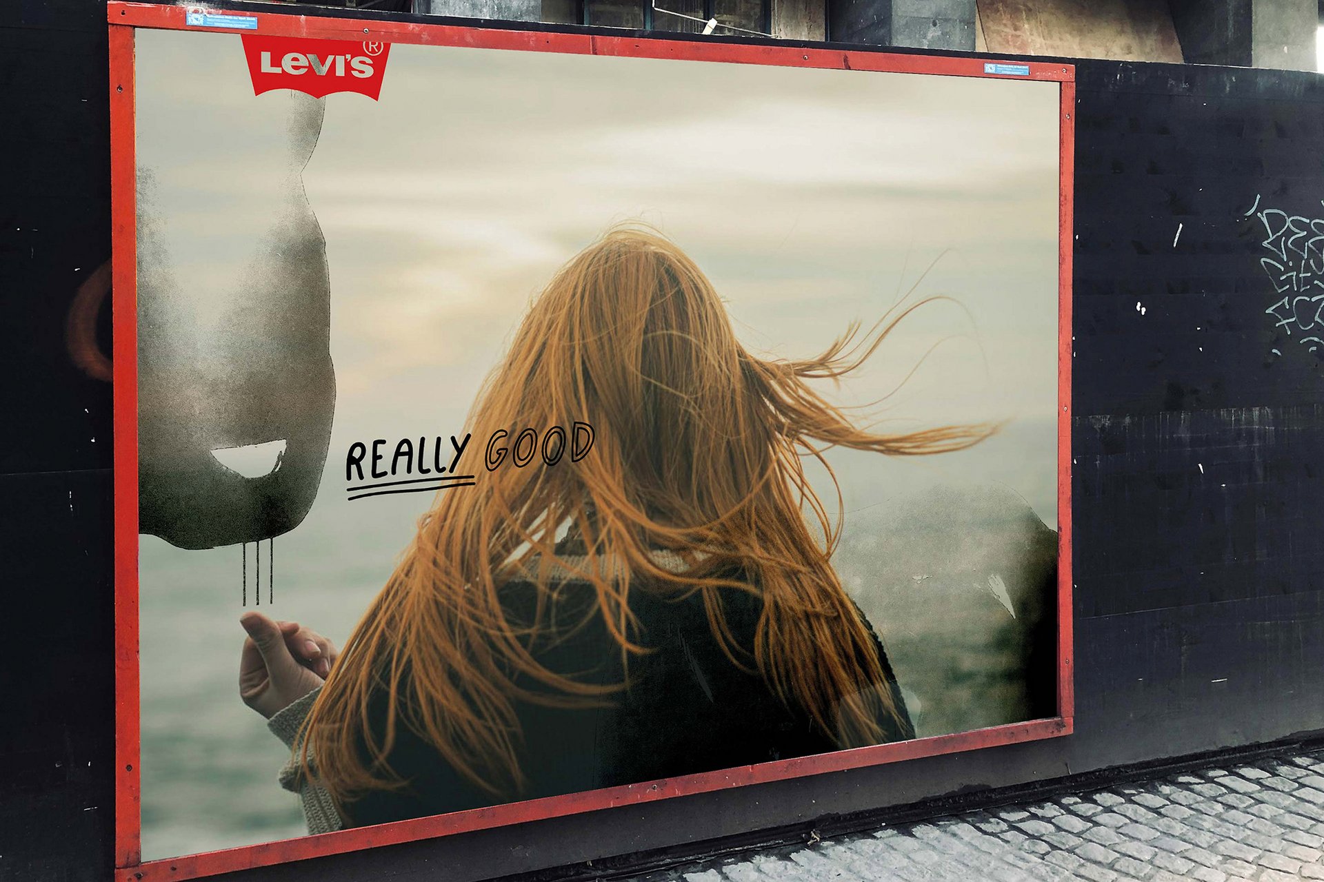 Levi‘s Store Fashion Kampagne Mode Mensch Frau Haare Wind Gesicht Fotoshooting Schwarz-Weiss Farbe Fotografie Illustration Art Direction Creative Direction Plakate Bildkompositionen