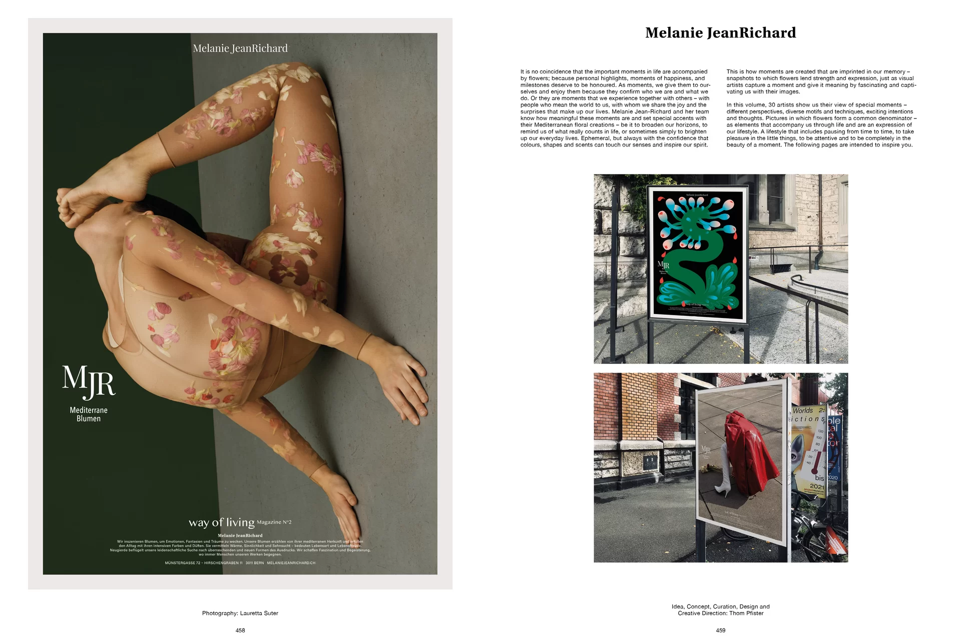 Thom Pfister Buch Inhalt Print Frau Gymnastik Strumpf Blumenmuster Dehnbar Swiss Grafikdesign Begegnungen Plakat Art Direction Creative Direction Fotografie Bunt Text Bildkomposition 