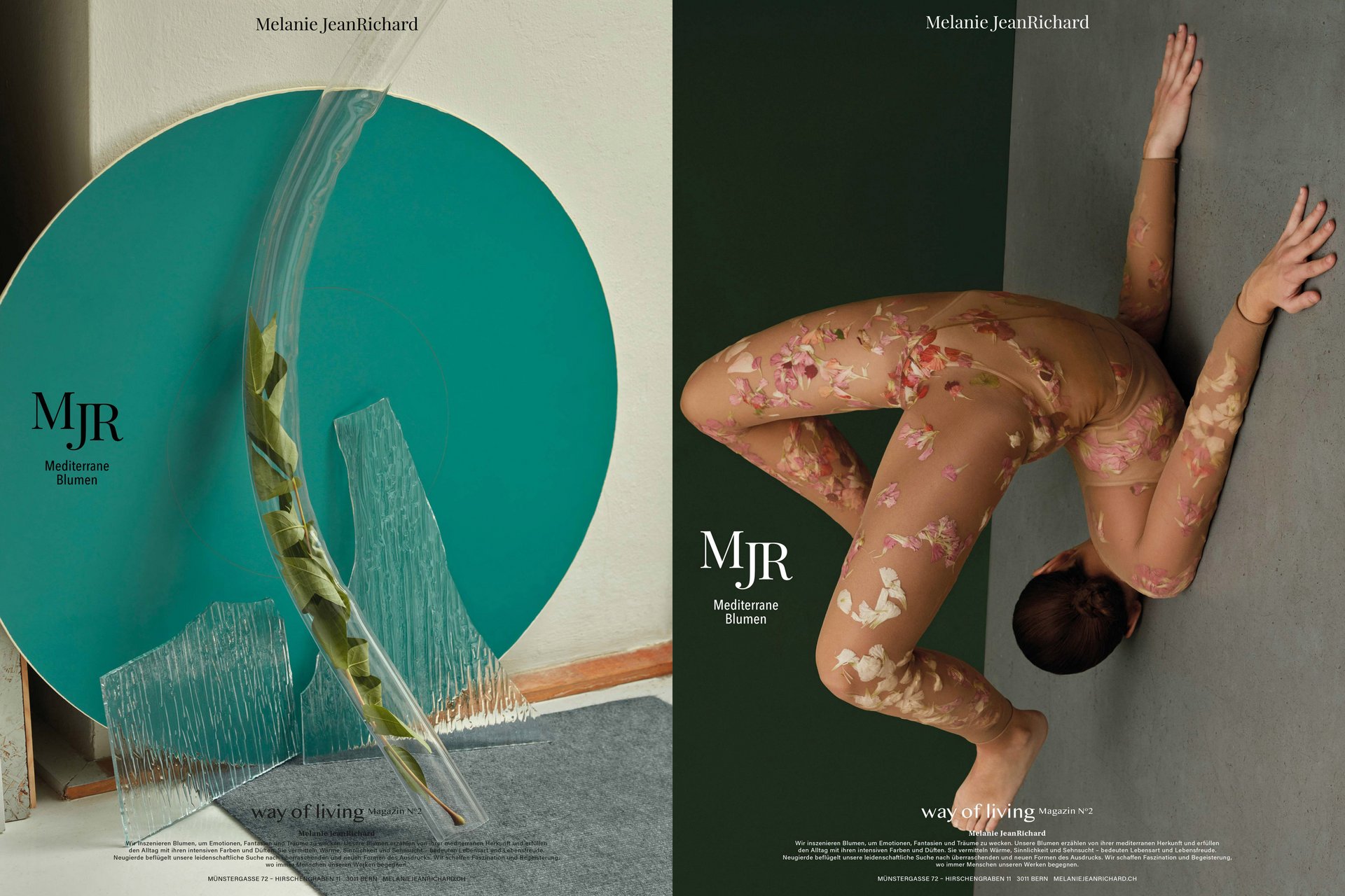 [Translate to English:] MJR Melanie JeanRichard Way of living Mediterran Floristin Blumen Blumenwelt Magazin Grossformat Kunstmagazin Kunstprojekt Inhalt Titelblatt Cover Print Swiss Grafikdesign Art Direction Creative Direction Fotografie Illustration Bunt Farbig Bildkomposition Text