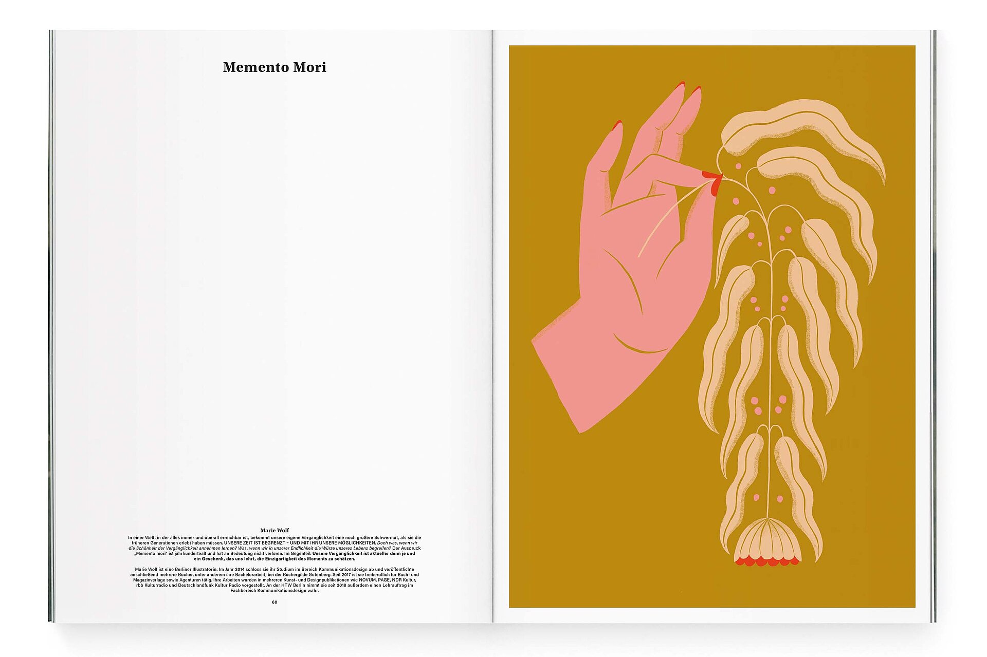 mjr magazine pages with illustration hand and plant design bern