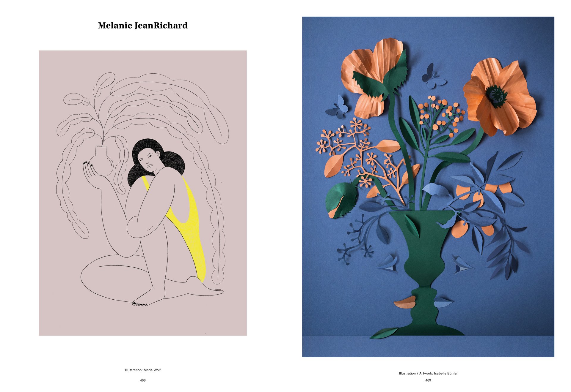 Thom Pfister Buch Inhalt Frau Blumen Vase Print Swiss Grafikdesign Begegnungen Art Direction Creative Direction Fotografie Illustration Bunt Blau Text Bildkomposition 