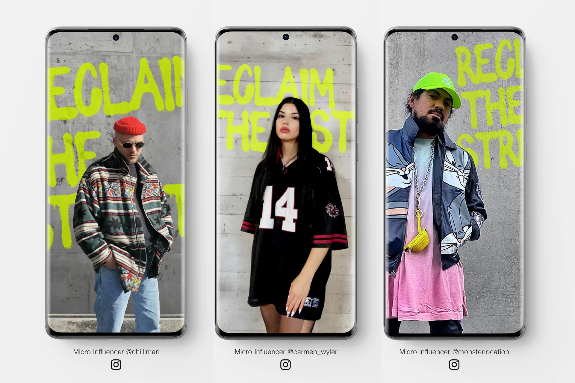 Fashion Kampagne Reclaim the Street Strasse Urban Mode Menschen Action Bewegung Sprung Fotoshooting Schwarz-Weiss Farbe Fotografie Typografie Neon Illustration Art Direction Creative Direction Plakate Bildkompositionen Totebag Mütze 