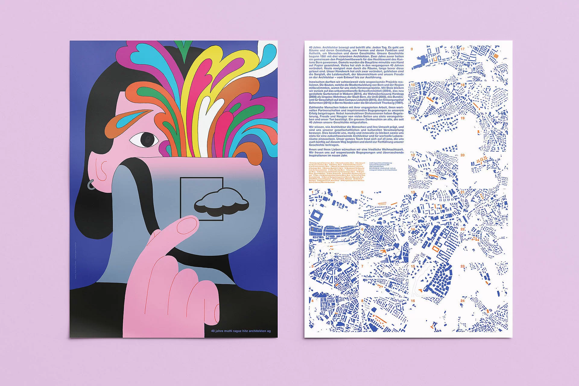 40 Jahre Architektur Plakat Karte Postversand Ansteckknopf Design Swiss Grafikdesign Art Direction Creative Direction Illustration Typographie Bunt, Rosa Orange 