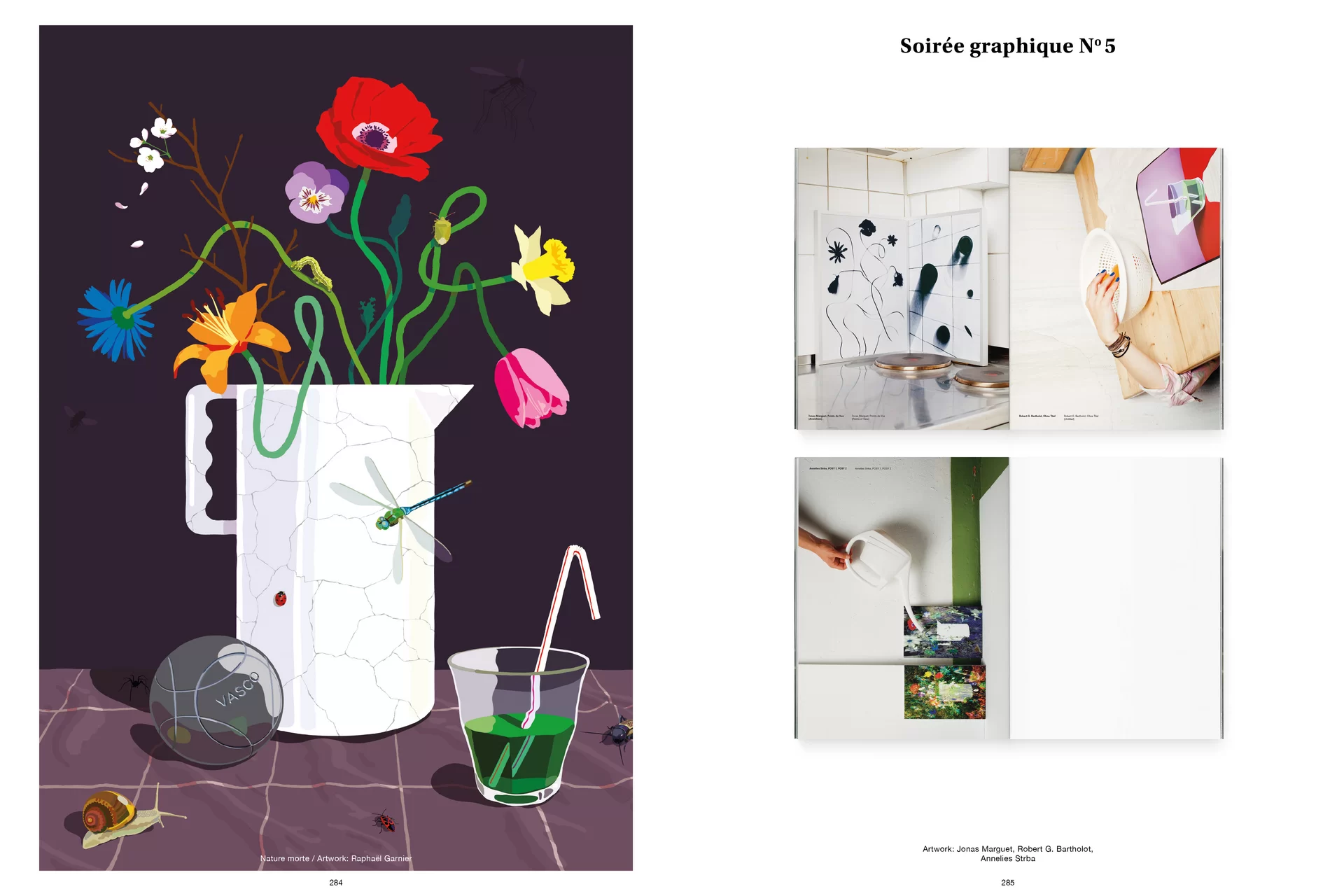 Thom Pfister Buch Inhalt Titelblatt Cover Print Blumenstrauss Glas Strohhalm Krug Swiss Grafikdesign Begegnungen Art Direction Creative Direction Fotografie Illustration Bunt Dunkel Text Bildkomposition 