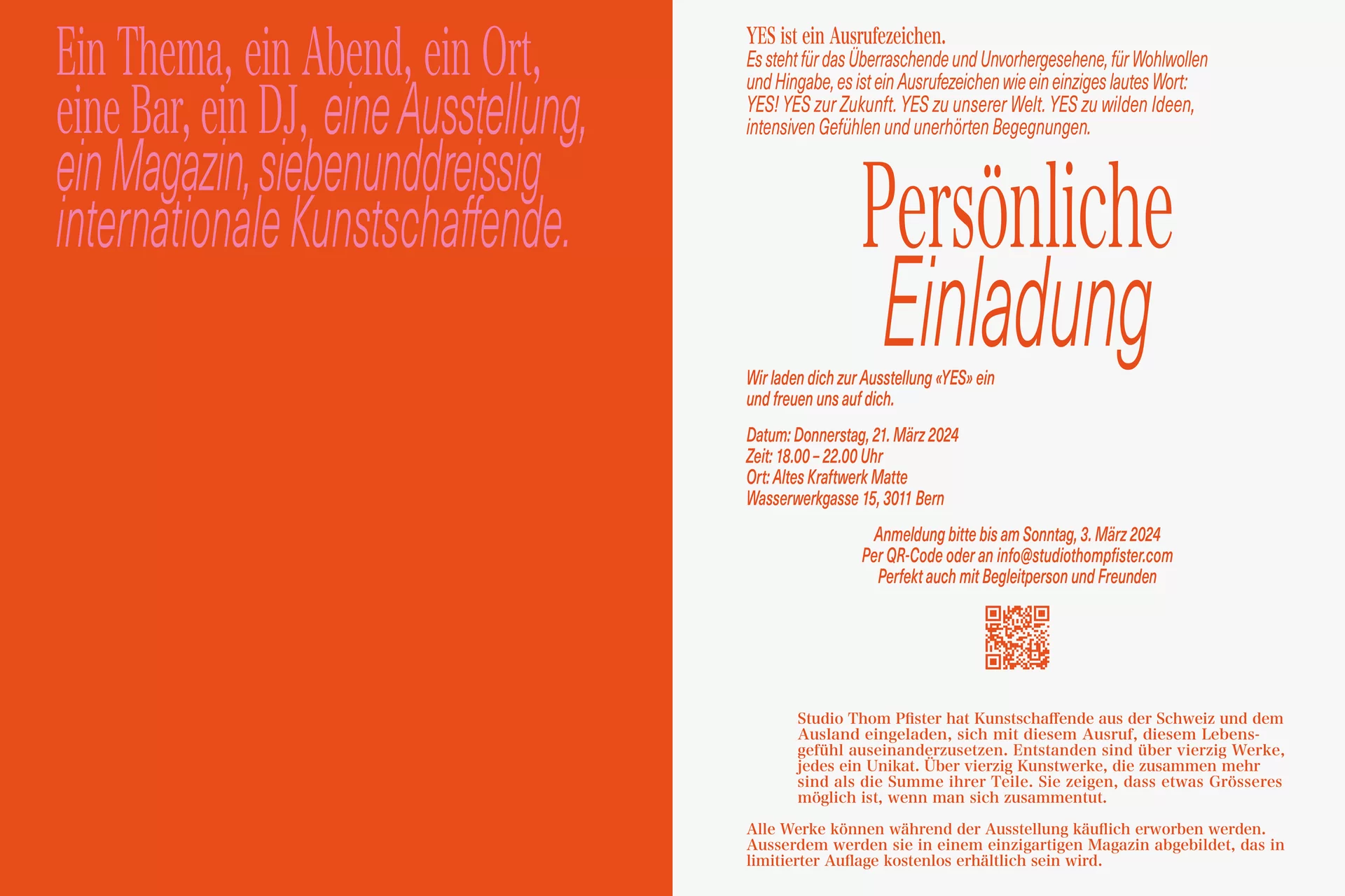 [Translate to English:] Studio Thom Pfister YES Einmalig Ausstellung Einladung Kuratiert Künstlerinnen Kunst Verkauf Swiss Grafikdesign International Art Direction Creative Direction Grossformat Magazin limitiert Cover Titelbild Inhalt Text Christof Gertsch Plakat Karte Postversand Fotografie Illustration Bunt Farbig Bildkomposition