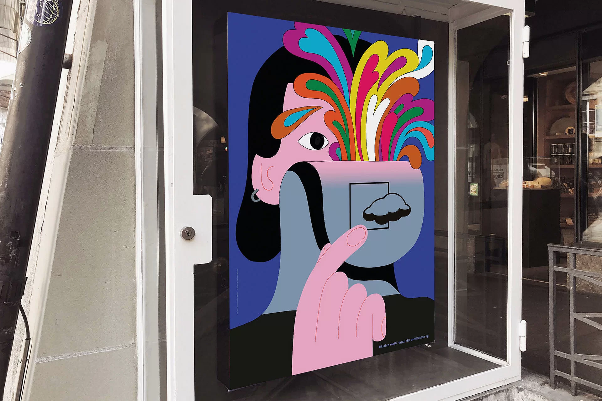 40 Jahre Architektur Plakat Karte Postversand Ansteckknopf Design Swiss Grafikdesign Art Direction Creative Direction Illustration Typographie Bunt, Rosa Orange 