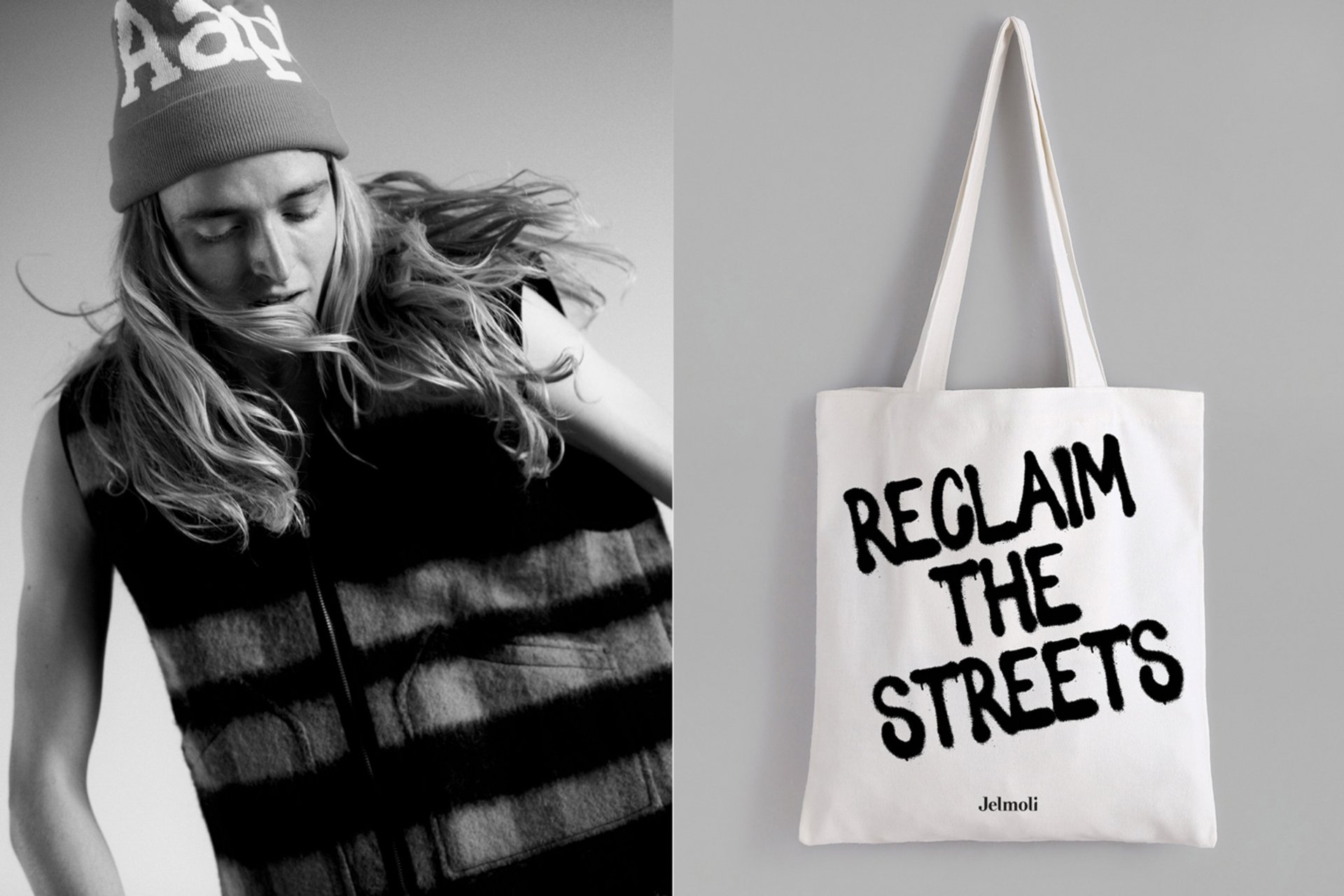 Fashion Kampagne Reclaim the Street Strasse Urban Mode Menschen Action Bewegung Sprung Fotoshooting Schwarz-Weiss Farbe Fotografie Typografie Neon Illustration Art Direction Creative Direction Plakate Bildkompositionen Totebag Mütze 