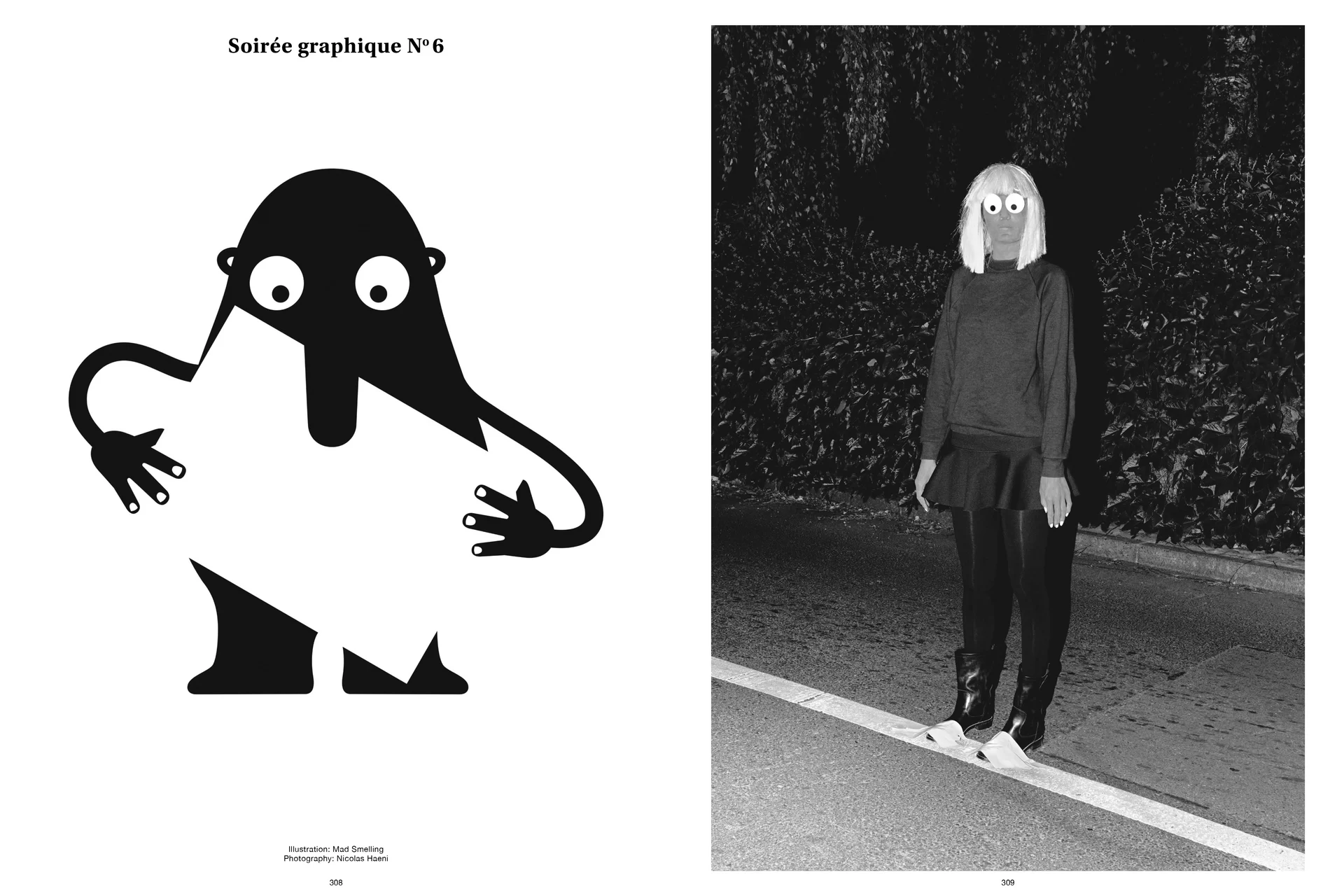 Thom Pfister Buch Inhalt Print Gnom Nase Augen Mensch Frau Swiss Grafikdesign Begegnungen Art Direction Creative Direction Schwarz-Weiss Text Bildkomposition