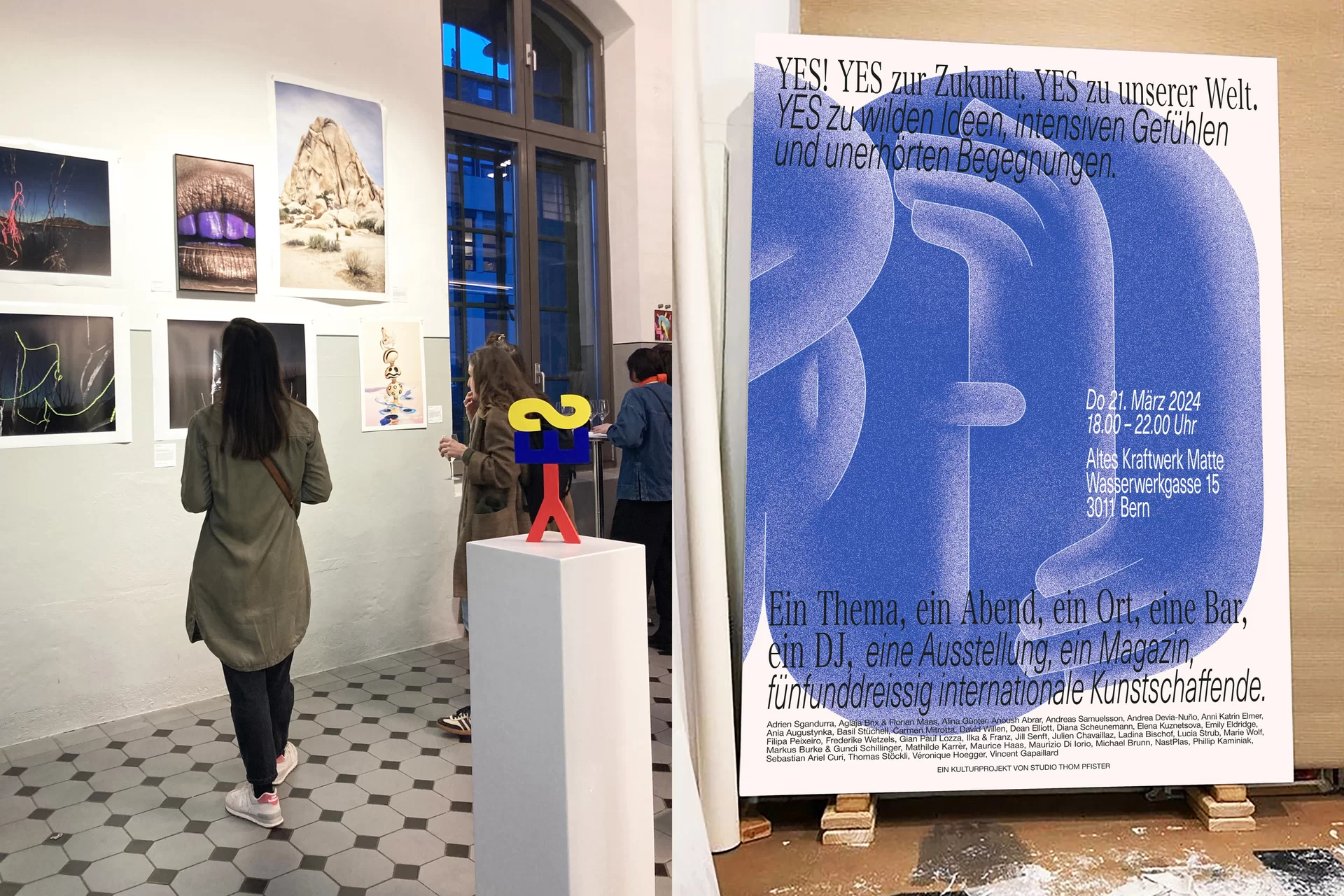 [Translate to English:] Studio Thom Pfister YES Einmalig Ausstellung Einladung Kuratiert Künstlerinnen Kunst Verkauf Swiss Grafikdesign International Art Direction Creative Direction Grossformat Magazin limitiert Cover Titelbild Inhalt Text Christof Gertsch Plakat Karte Postversand Fotografie Illustration Bunt Farbig Bildkomposition