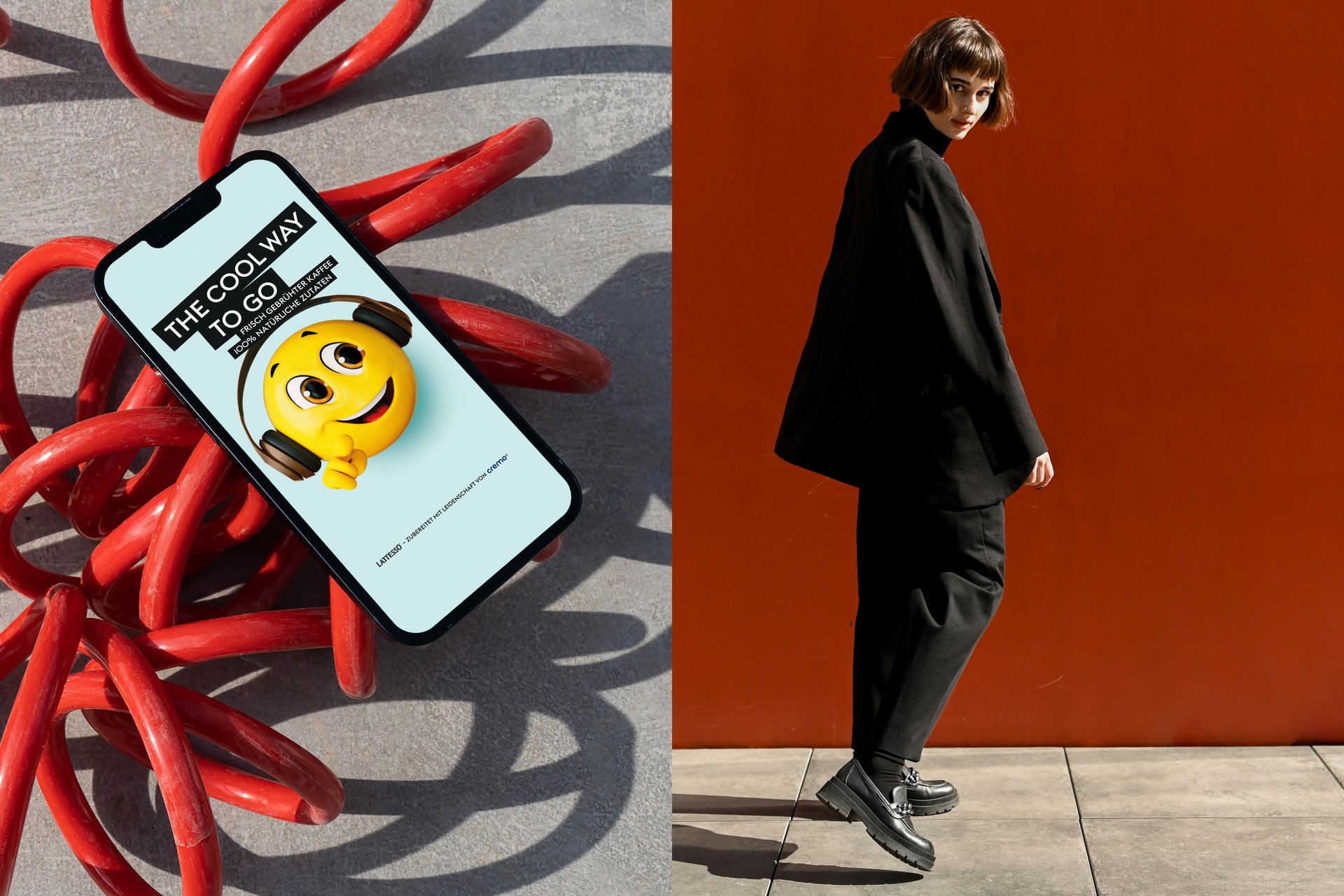 [Translate to English:] Lattesso Kaffee kalt erfrischend Becher Mensch Frau Rot Sneaker Mobile Emoji Auto Steuerrad Lachen Augen Gelb Art Direction CGI