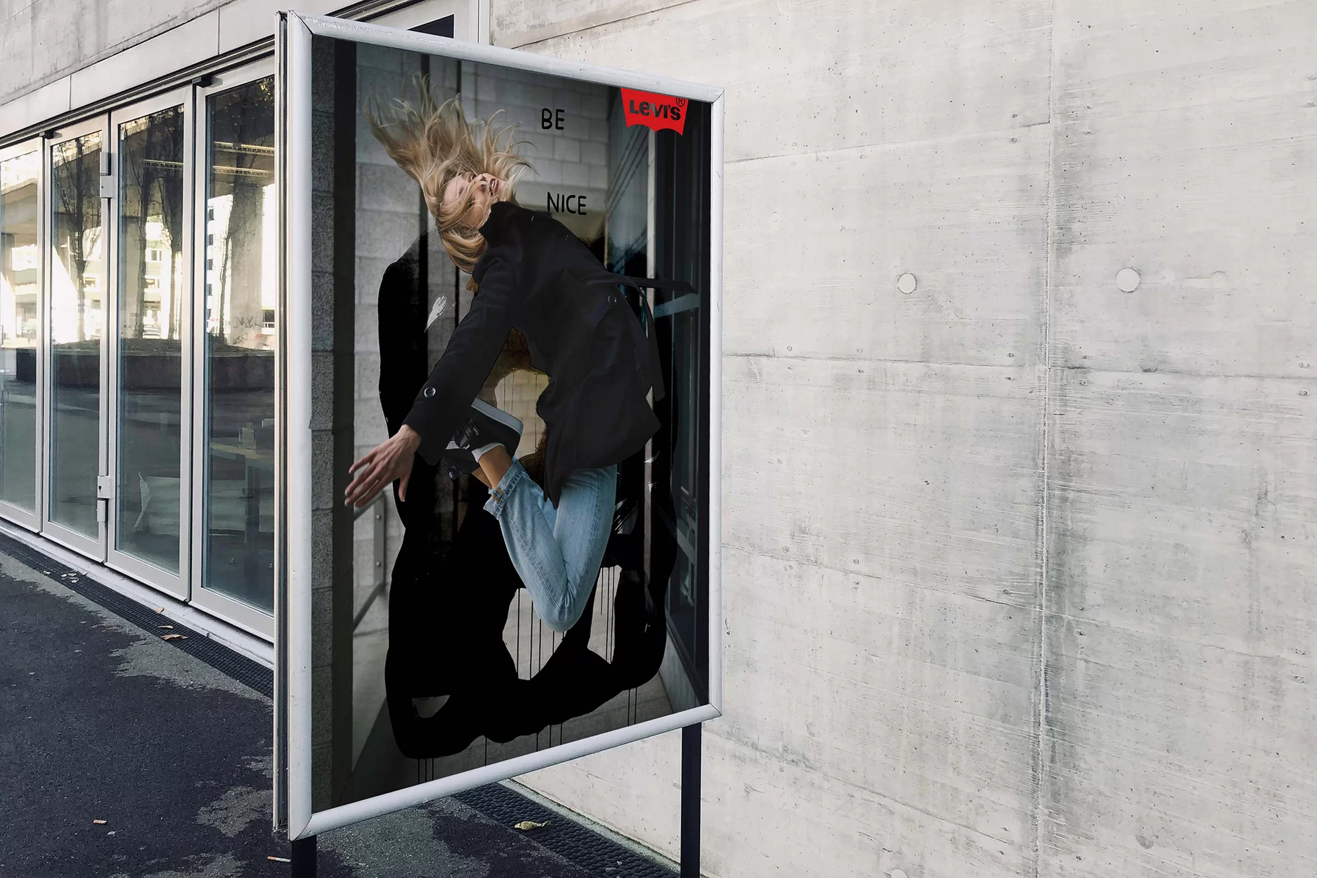 Levi‘s Store Fashion Kampagne Mode Mensch Frau Haare Wind Gesicht Fotoshooting Schwarz-Weiss Farbe Fotografie Illustration Art Direction Creative Direction Plakate Bildkompositionen