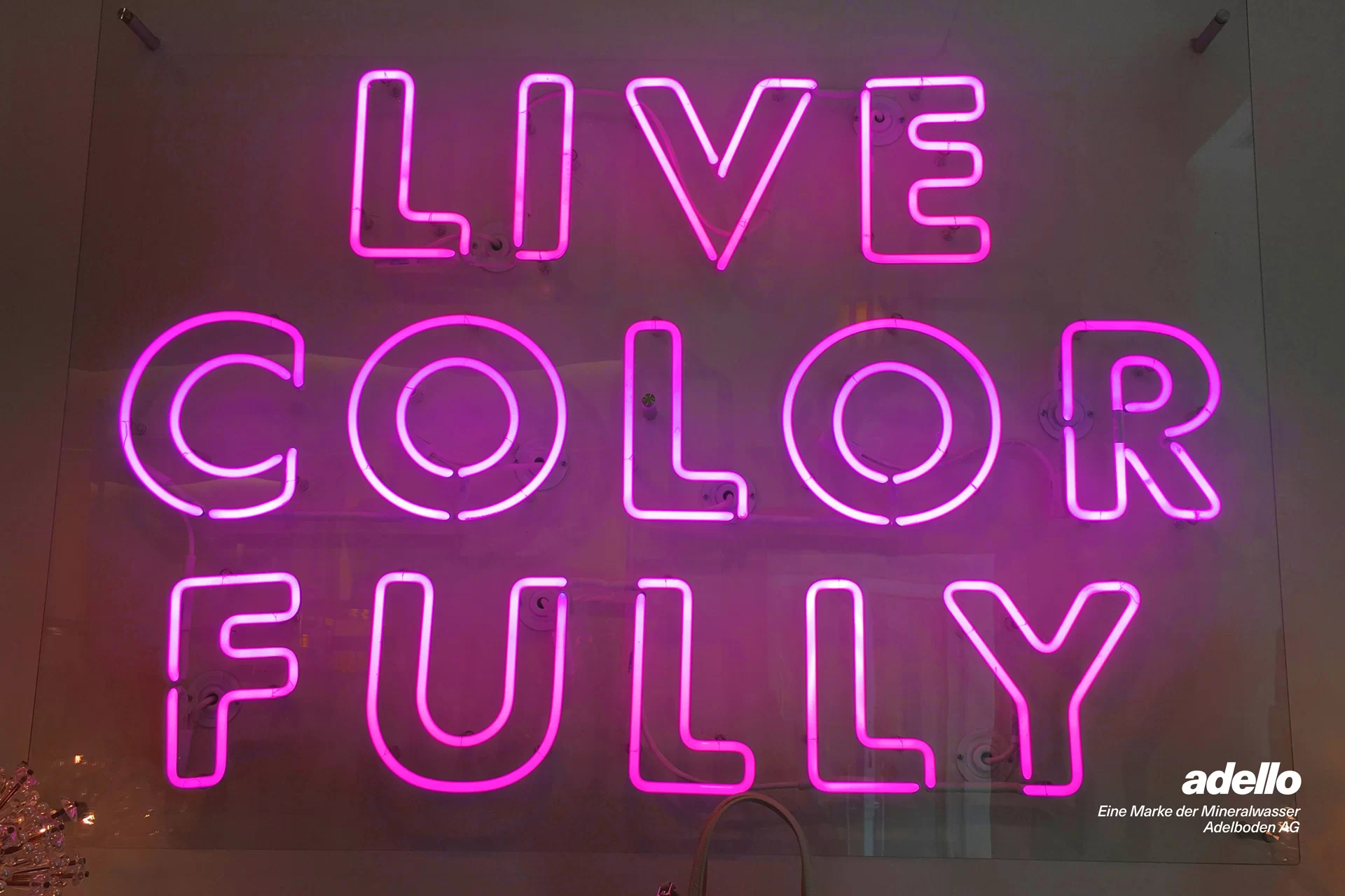 Adello Getränke Frische erfrischend Flaschen PET Typografie bunt Pink Gelb Türkis Blau Menschen Sneakers Eistee Limonade Mineralwasser Neon