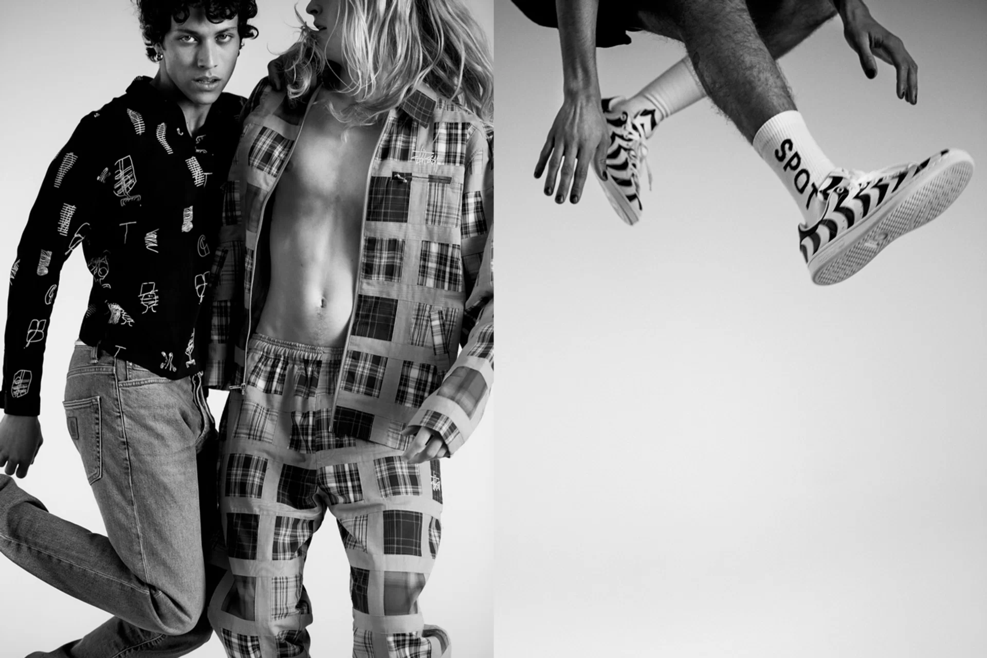 Fashion Kampagne Reclaim the Street Strasse Urban Mode Menschen Action Bewegung Sprung Fotoshooting Schwarz-Weiss Farbe Fotografie Typografie Neon Illustration Art Direction Creative Direction Plakate Bildkompositionen Totebag Mütze 