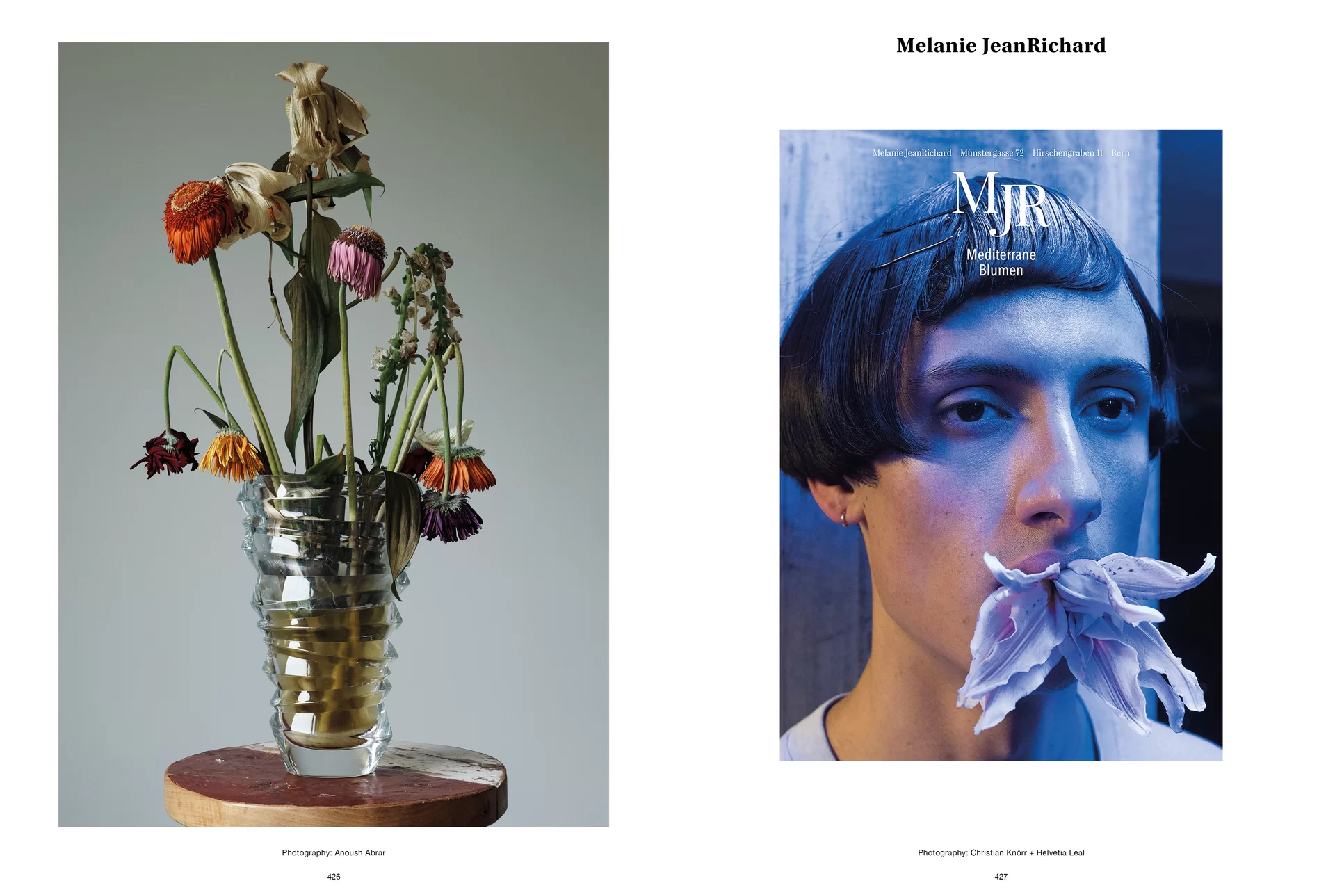 Thom Pfister Buch Inhalt Blumen Vase Gesicht Print Swiss Grafikdesign Begegnungen Art Direction Creative Direction Fotografie Bunt Text Bildkomposition 