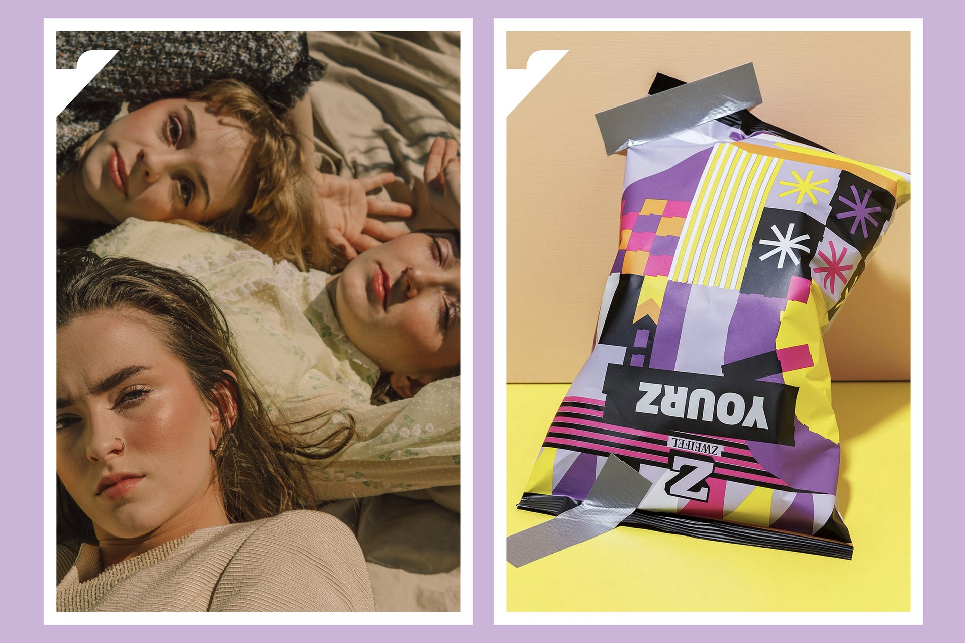 [Translate to English:] Zweifel Chips Mensch Plakat Snack Bunt Designsystem Farben Typografie Fotografie Verpackung  