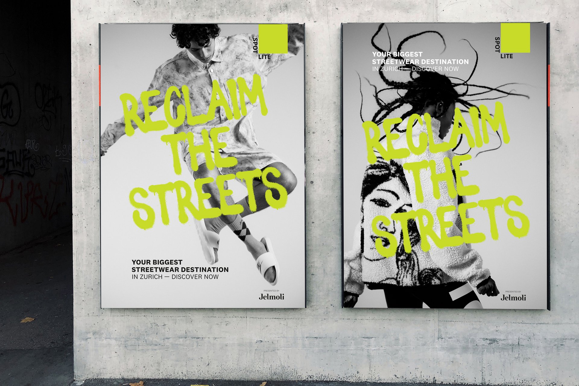 Fashion Campaign Reclaim the Street Urban Humans Action Movement Jump Photoshooting Black-White Colors Photography Typography Neon Illustration Art Direction Creative Direction Advertisement Composing Totebag Beanie 