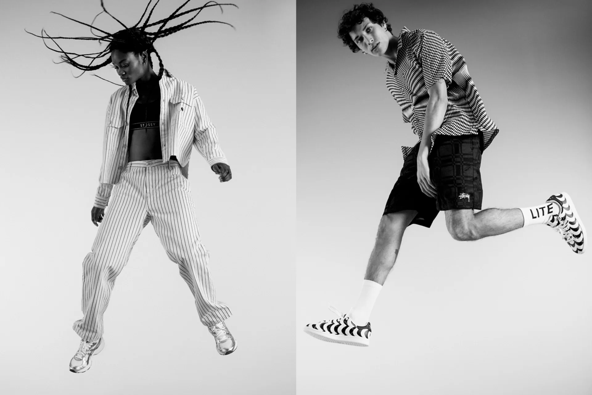 Fashion Kampagne Reclaim the Street Strasse Urban Mode Menschen Action Bewegung Sprung Fotoshooting Schwarz-Weiss Farbe Fotografie Typografie Neon Illustration Art Direction Creative Direction Plakate Bildkompositionen Totebag Mütze 