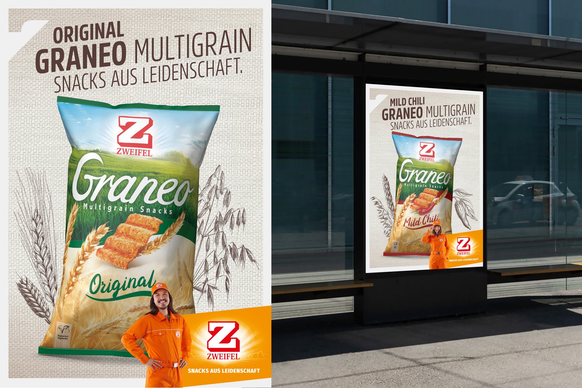 [Translate to English:] Zweifel Chips Plakat Snack Bunt Designsystem Farben Orange Typografie Fotografie Verpackung  