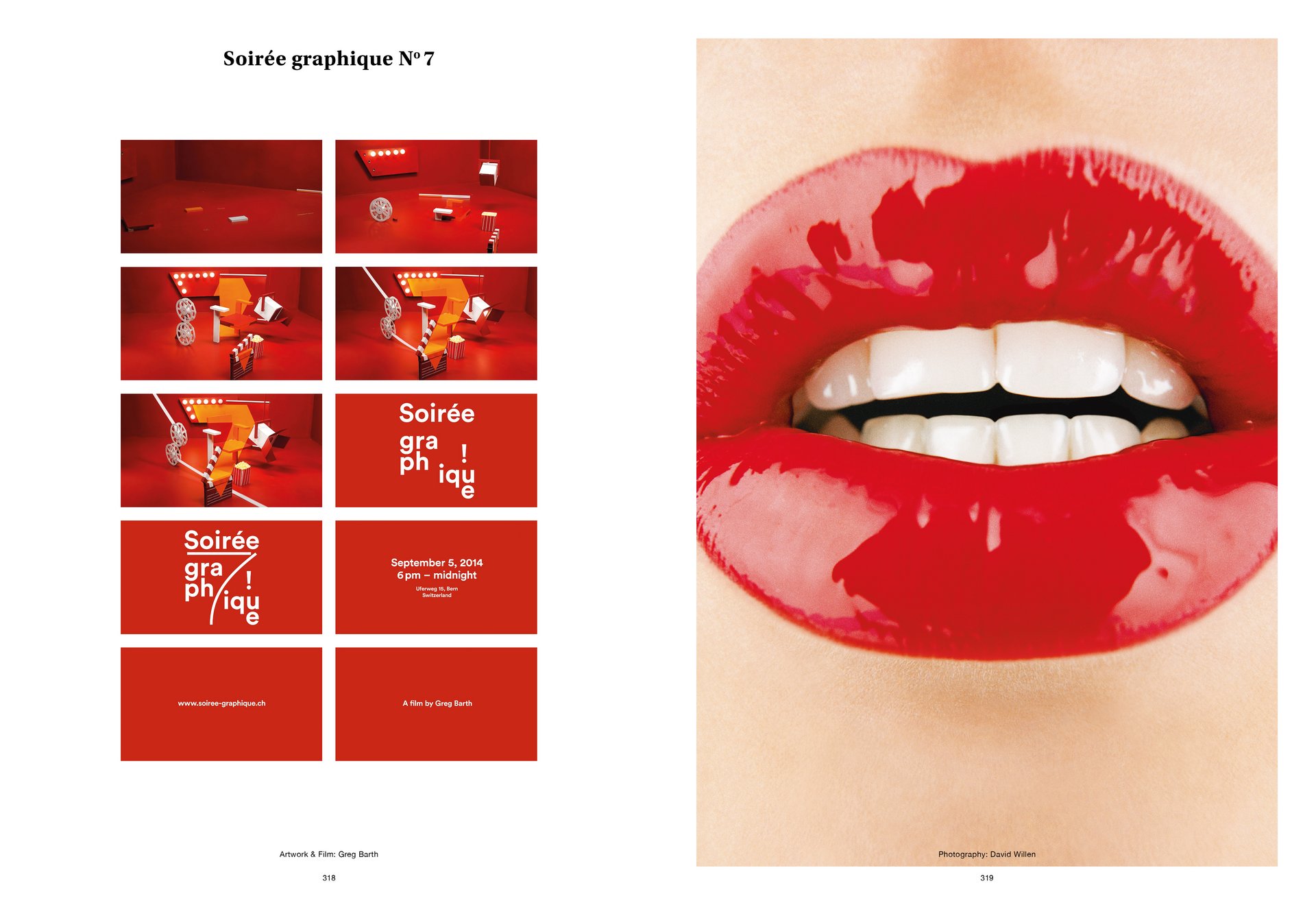 Thom Pfister Buch Inhalt Print Mensch Mund Lippen Lippenstift Zähne Swiss Grafikdesign Begegnungen Art Direction Creative Direction Fotografie Bunt Rot Weiss glänzend Text Bildkomposition 