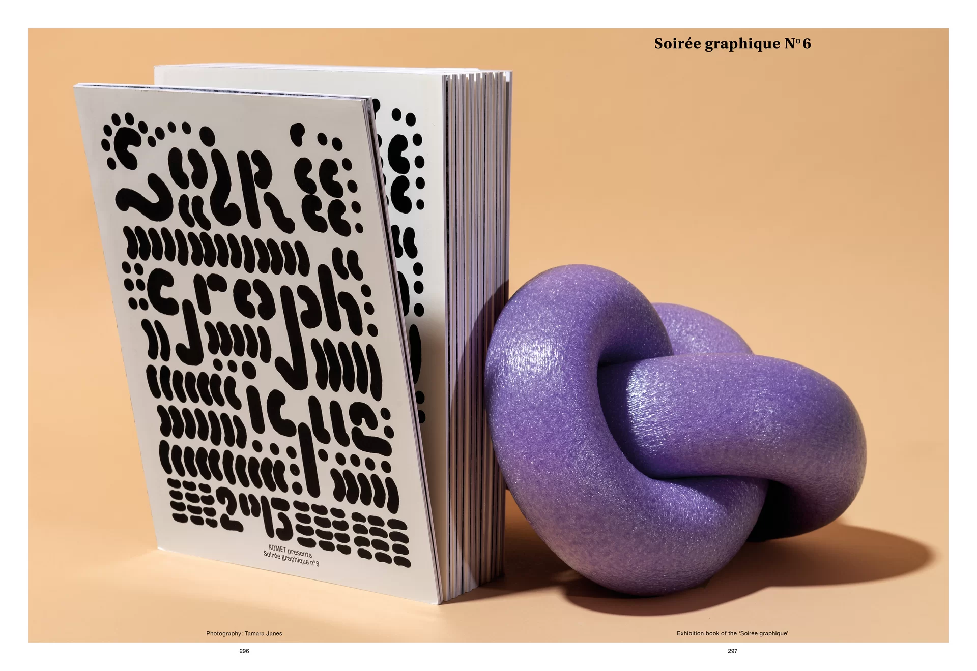 Thom Pfister Buch Inhalt Titelblatt Cover Print Magazin Schaumstoff Knoten Swiss Grafikdesign Begegnungen Art Direction Creative Direction Fotografie Illustration Bunt Apricot Lila Schwarz-Weiss Text Typographie Bildkomposition 