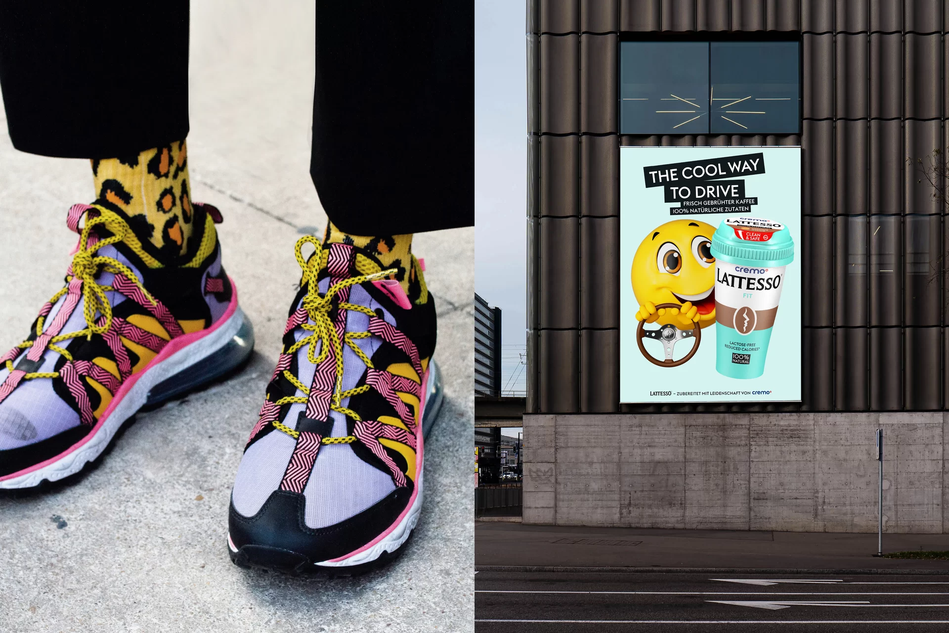 [Translate to English:] Lattesso Kaffee kalt erfrischend Becher Mensch Frau Rot Sneaker Mobile Emoji Auto Steuerrad Lachen Augen Gelb Art Direction CGI
