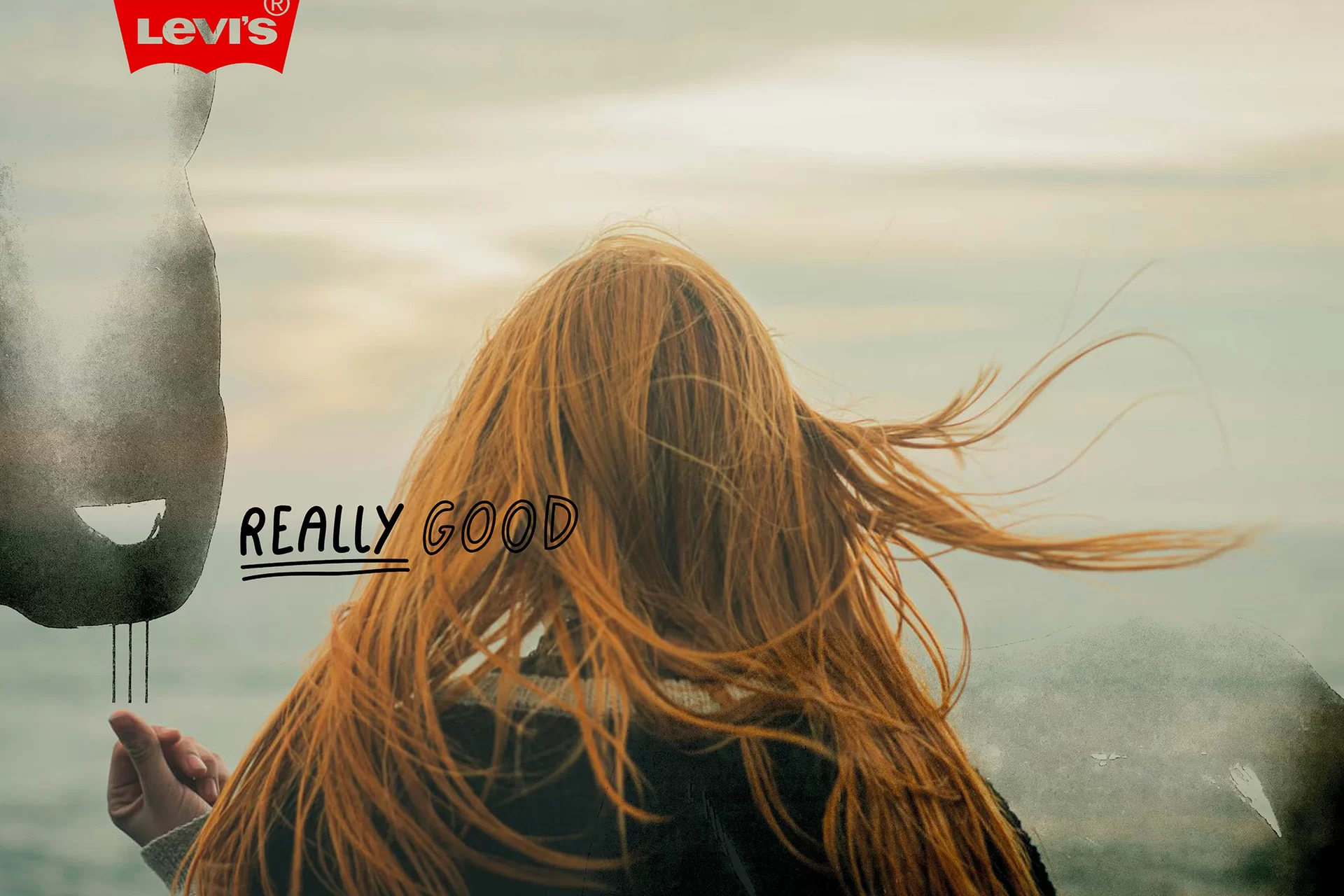 Levi‘s Store Fashion Kampagne Mode Mensch Frau Haare Wind Gesicht Fotoshooting Schwarz-Weiss Farbe Fotografie Illustration Art Direction Creative Direction Plakate Bildkompositionen