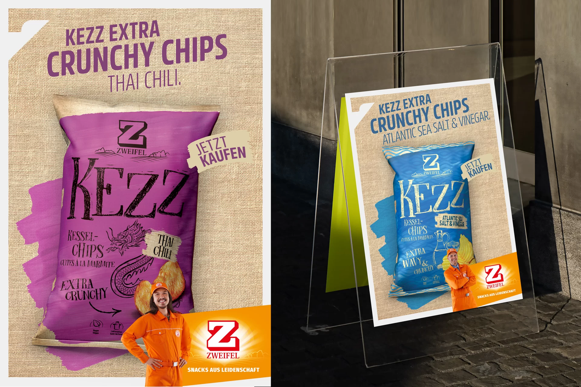 [Translate to English:] Zweifel Chips Plakat Snack Bunt Designsystem Farben Typografie Fotografie Verpackung  