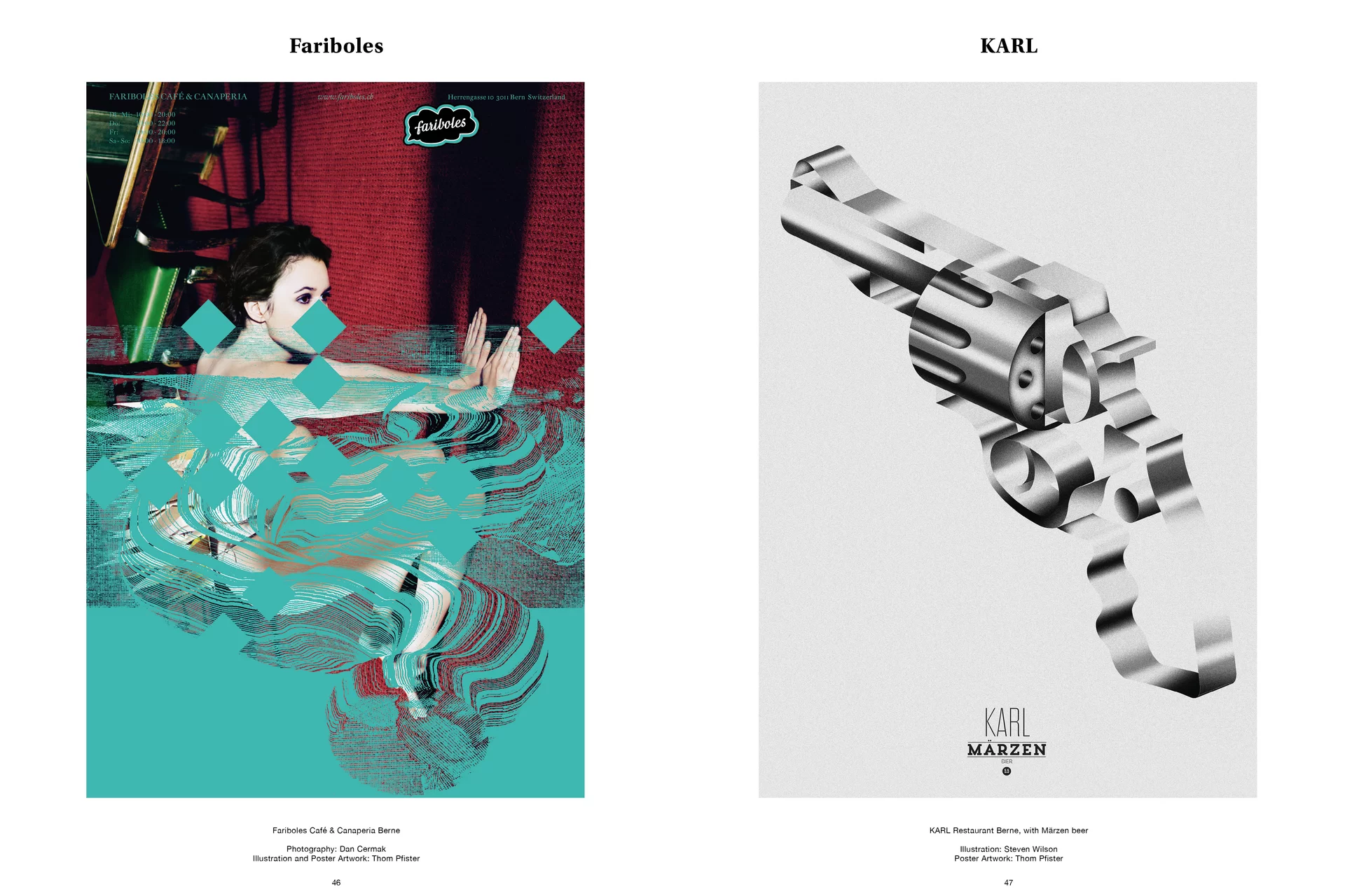 Thom Pfister Buch Inhalt Print Frau kniend Pistole Waffe Swiss Grafikdesign Begegnungen Art Direction Creative Direction Fotografie Illustration Bunt Text Typographie Bildkomposition 