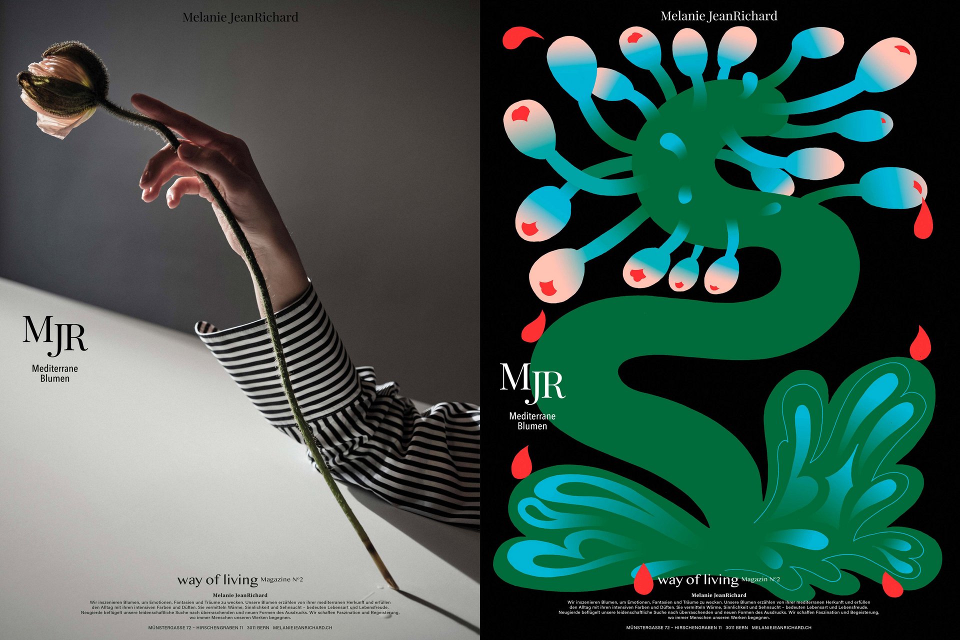 [Translate to English:] MJR Melanie JeanRichard Way of living Mediterran Floristin Blumen Blumenwelt Magazin Grossformat Kunstmagazin Kunstprojekt Inhalt Titelblatt Cover Print Swiss Grafikdesign Art Direction Creative Direction Fotografie Illustration Bunt Farbig Bildkomposition Text