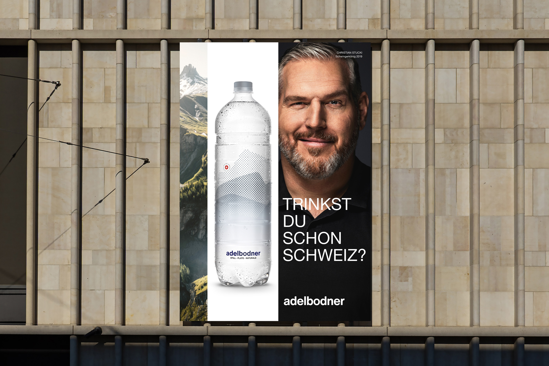 Adelbodner Adelboden Werbung Kampagne Plakate Getränke Frische erfrischend Flaschen PET Glas Swiss Grafikdesign Typografie Hochwertig Testimonials Persönlichkeiten Menschen Sport Profisport Gesichter Wasser Mineralwasser Bergen Natur 