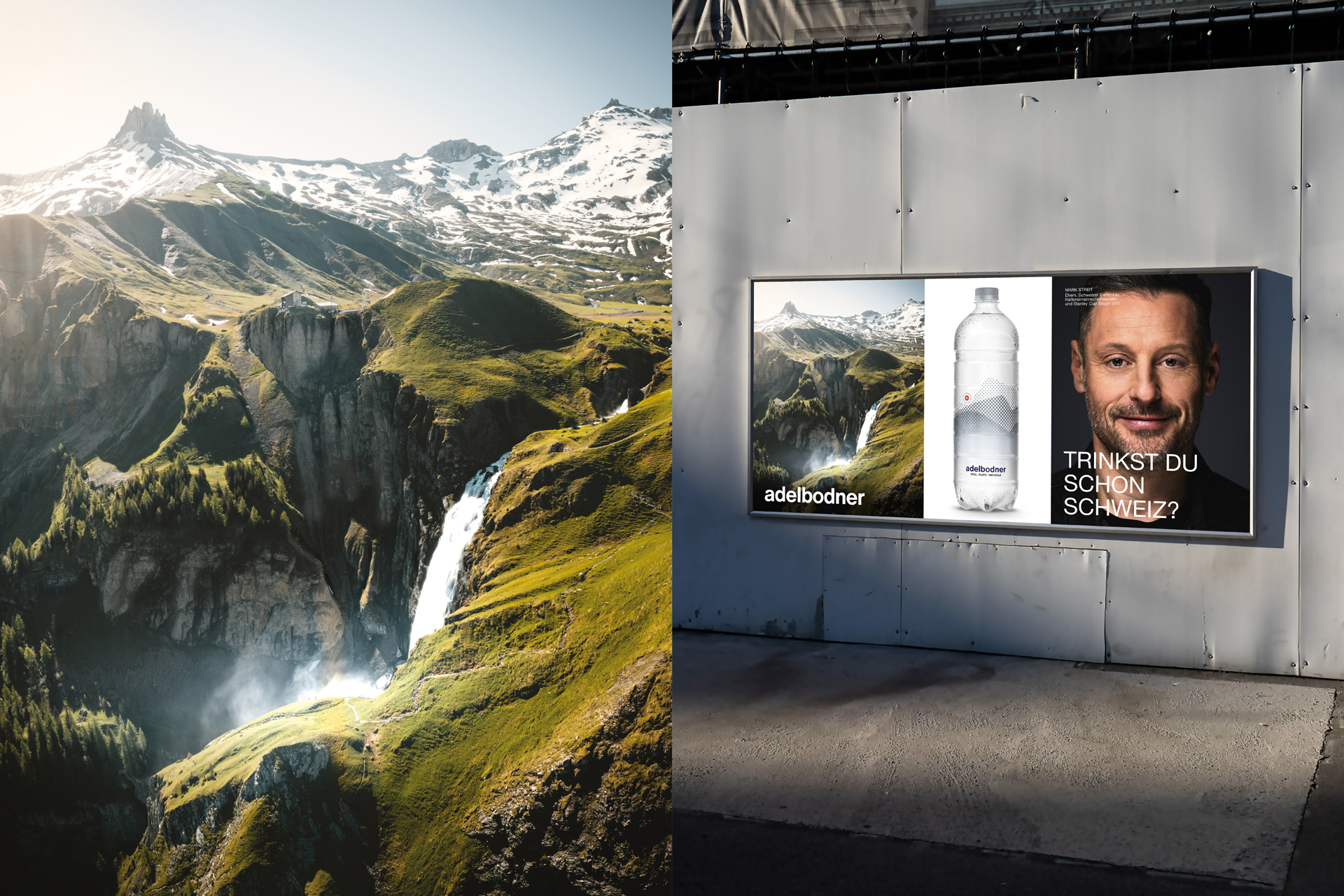 [Translate to English:] Adelbodner Adelboden Werbung Kampagne Plakate Getränke Frische erfrischend Flaschen PET Glas Swiss Grafikdesign Typografie Hochwertig Testimonials Persönlichkeiten Menschen Sport Profisport Gesichter Wasser Mineralwasser Bergen Natur 