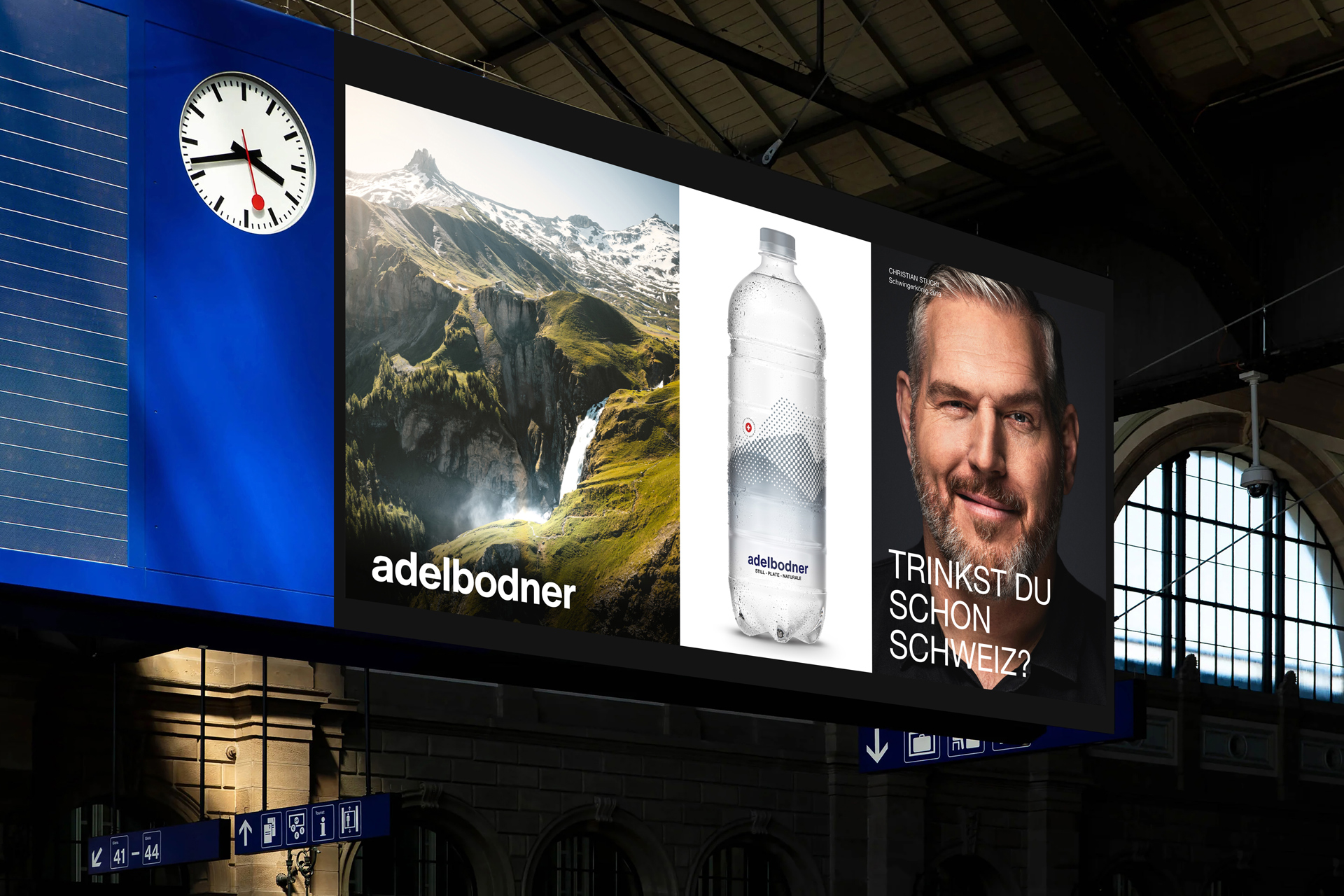 [Translate to English:] Adelbodner Adelboden Werbung Kampagne Plakate Getränke Frische erfrischend Flaschen PET Glas Swiss Grafikdesign Typografie Hochwertig Testimonials Persönlichkeiten Menschen Sport Profisport Gesichter Wasser Mineralwasser Bergen Natur 