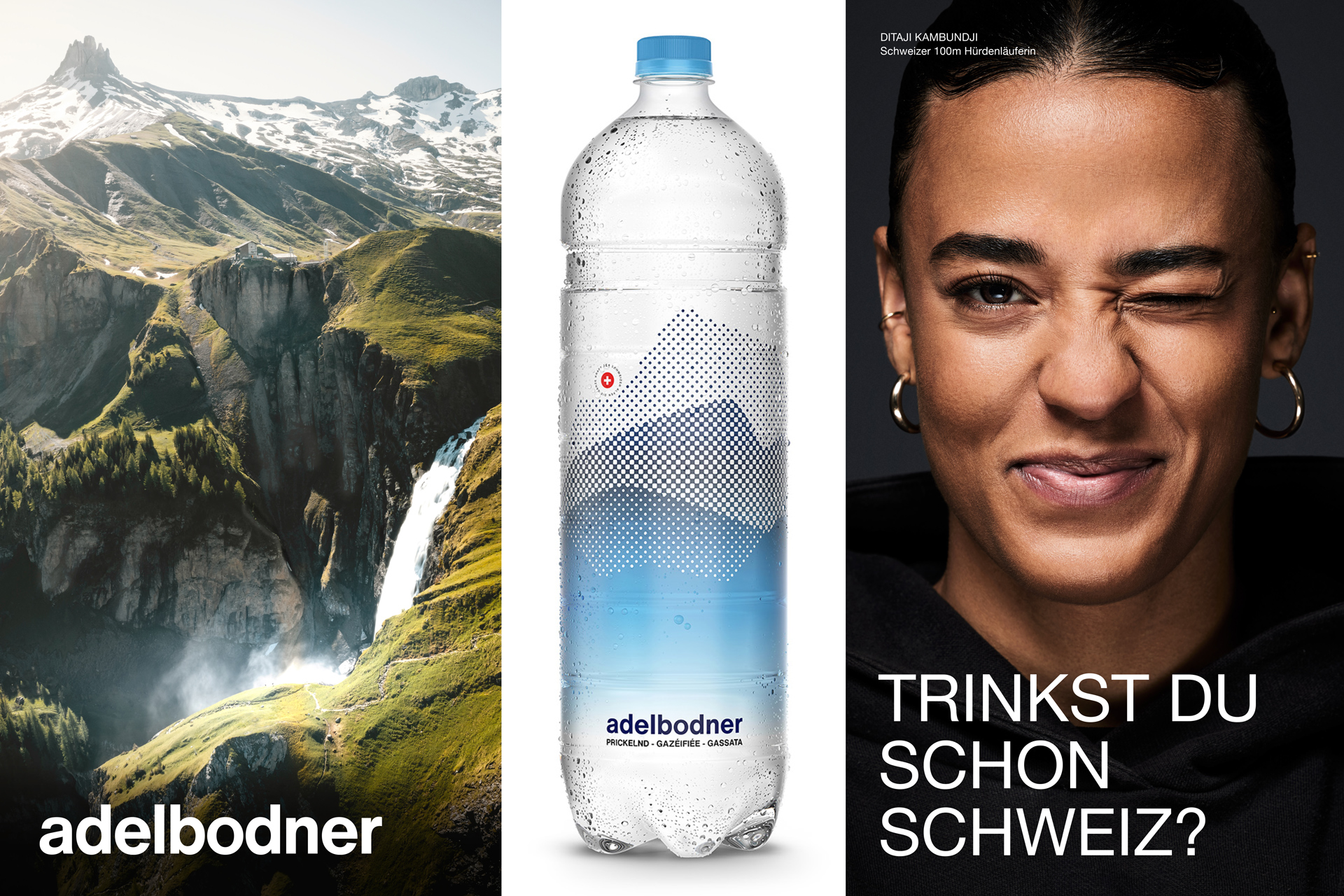 [Translate to English:] Adelbodner Adelboden Werbung Kampagne Plakate Getränke Frische erfrischend Flaschen PET Glas Swiss Grafikdesign Typografie Hochwertig Testimonials Persönlichkeiten Menschen Sport Profisport Gesichter Wasser Mineralwasser Bergen Natur 