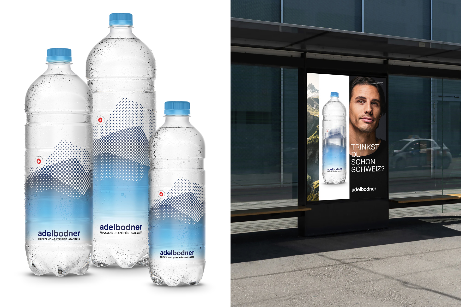 [Translate to English:] Adelbodner Adelboden Werbung Kampagne Plakate Getränke Frische erfrischend Flaschen PET Glas Swiss Grafikdesign Typografie Hochwertig Testimonials Persönlichkeiten Menschen Sport Profisport Gesichter Wasser Mineralwasser Bergen Natur 