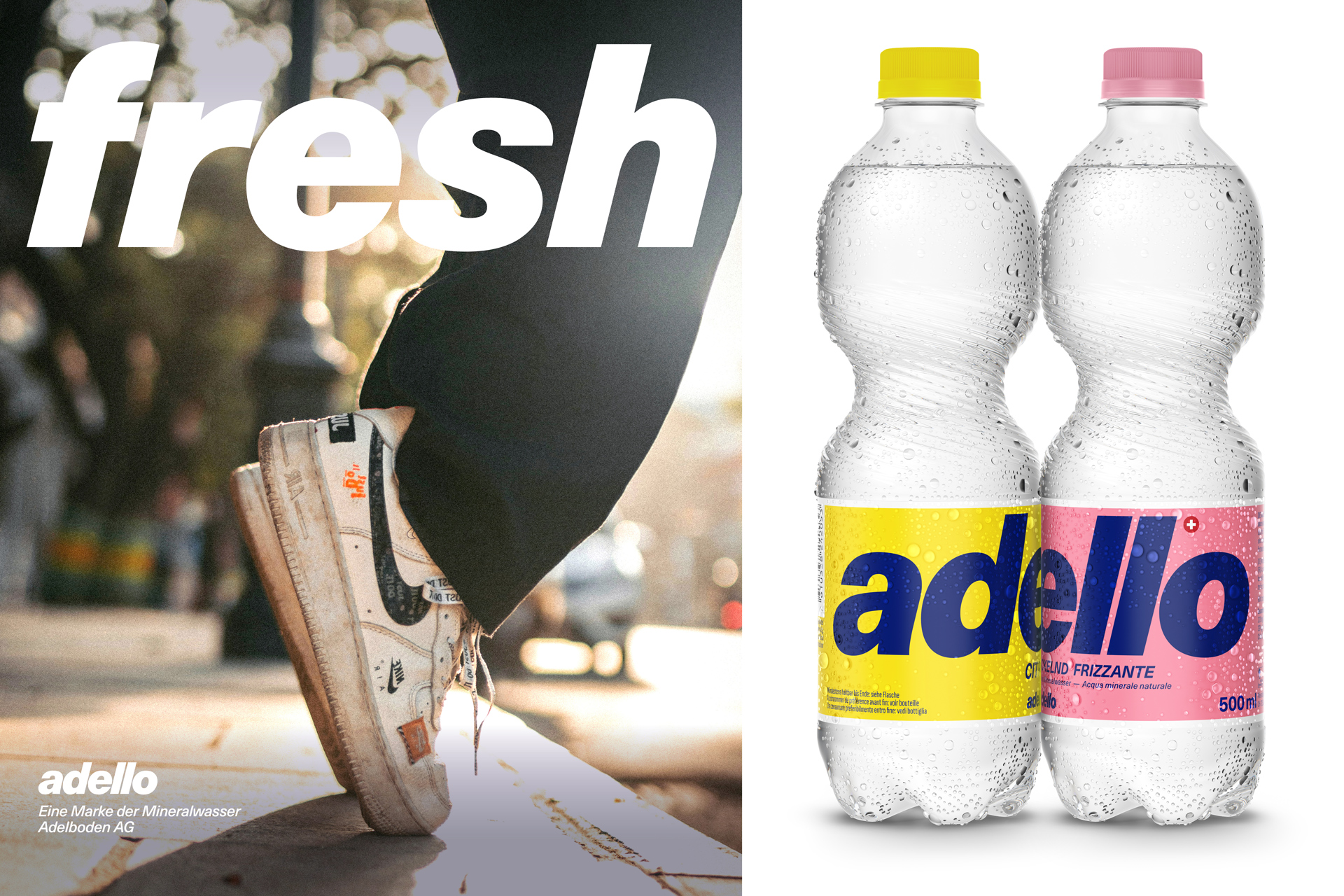 Adello Beverages fresh refreshing Bottle PET Typography colorful pink yellow turquoise blue Humans Sneakers Icetea Lemonade Mineralwater Sparklingwater Neon