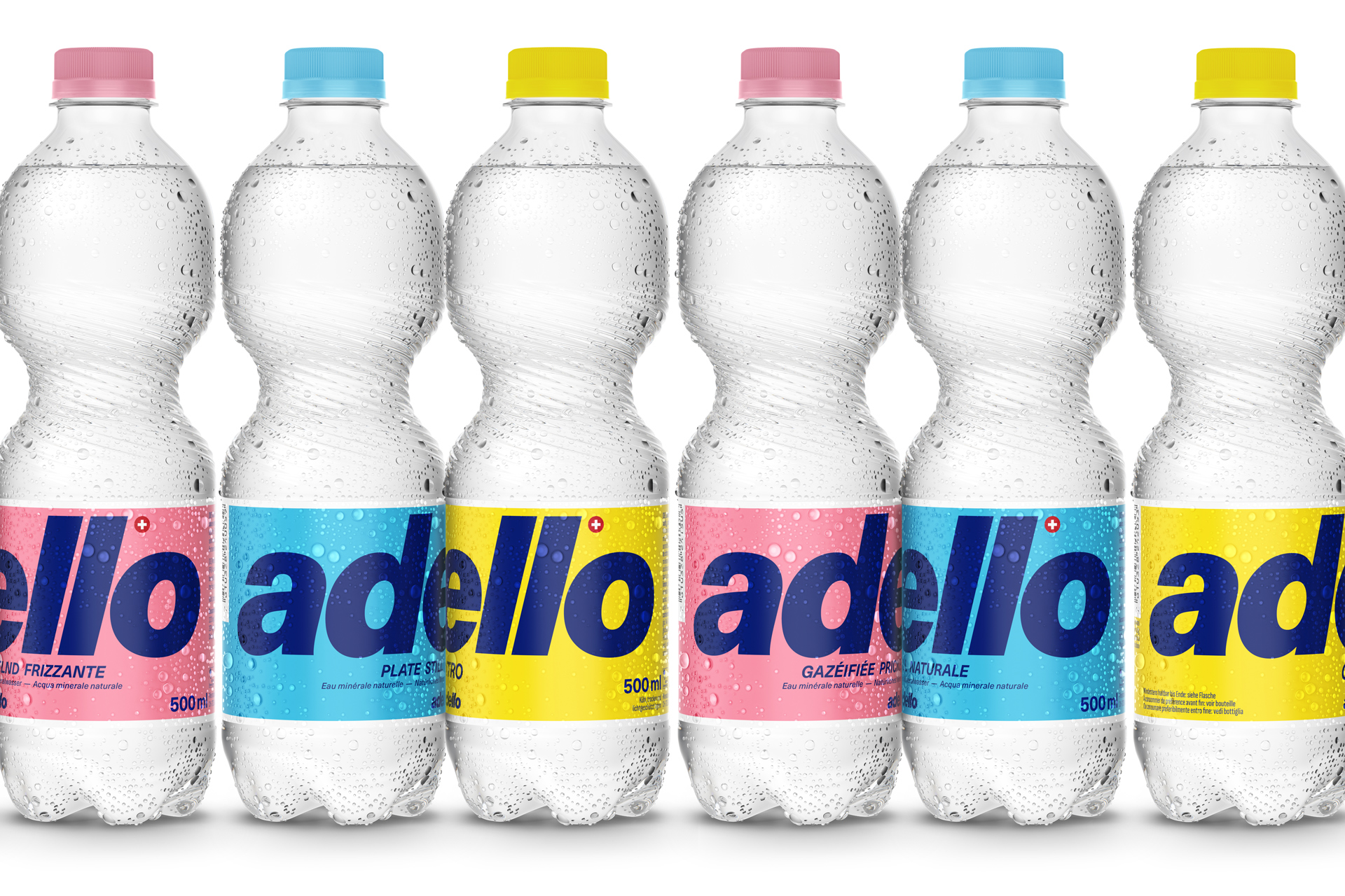 Adello Getränke Frische erfrischend Flaschen PET Typografie bunt Pink Gelb Türkis Blau Menschen Sneakers Eistee Limonade Mineralwasser Neon