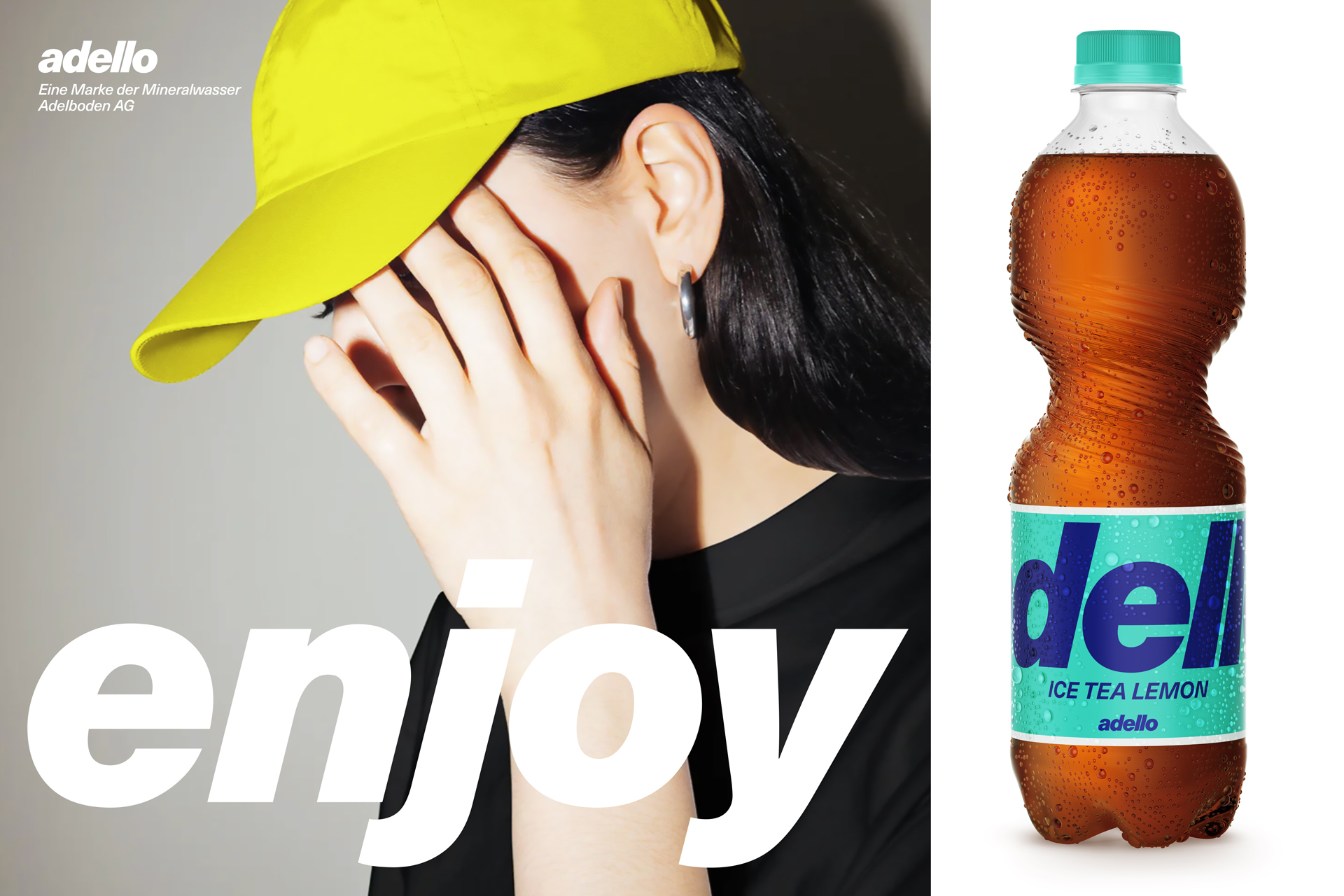 Adello Beverages fresh refreshing Bottle PET Typography colorful pink yellow turquoise blue Humans Sneakers Icetea Lemonade Mineralwater Sparklingwater Neon