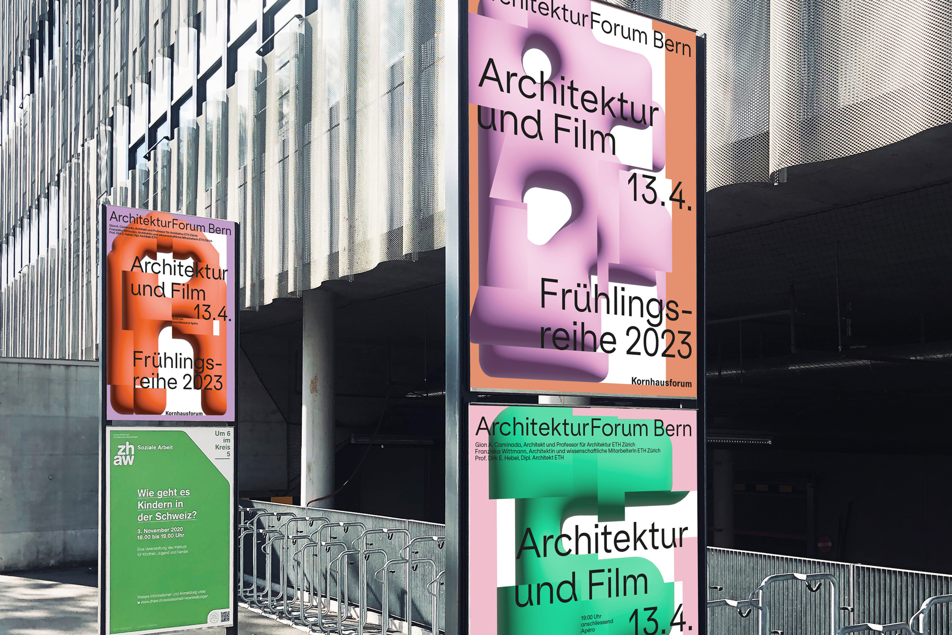 Architekturforum Plakat Bunt System Text Webseite Swiss Grafikdesign Typografie Schrift Text Farben Formen Figuren 3D Fotografie Corporate Design Briefschaften Visitenkarten  