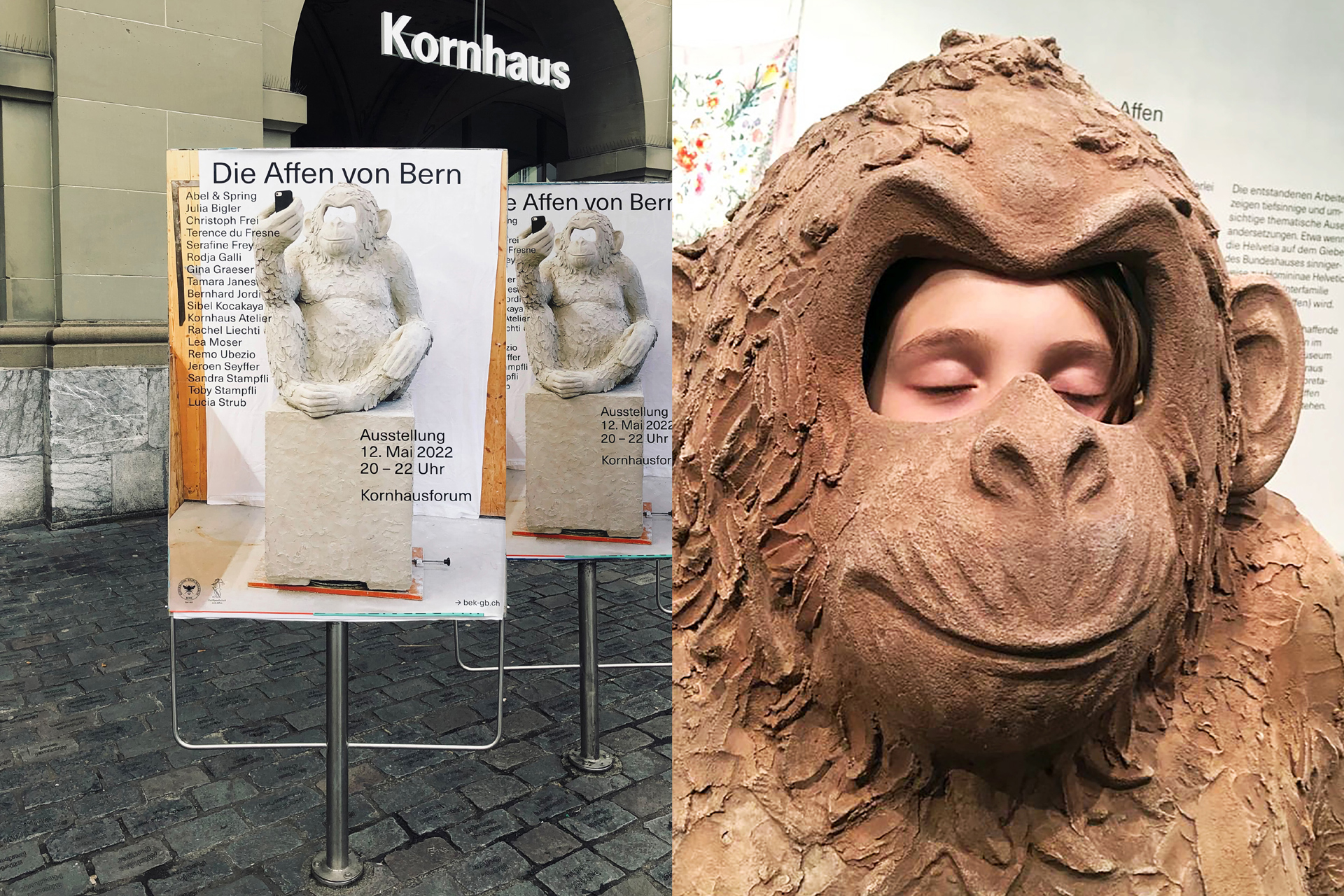 rsparniskasse Bern Ausstellung Plakat Affen Mädchen Gesicht Lachen Mund Braun